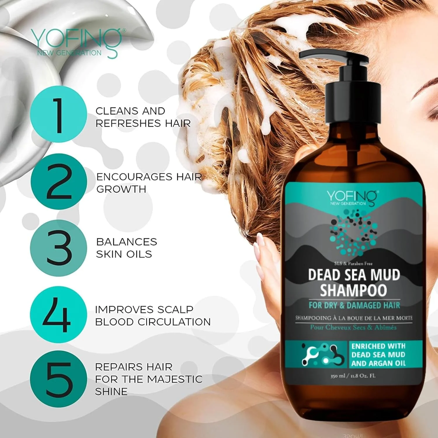 شامپو گل دریای مرده نسل جدید YOFING - ضد ریزش مو و ضد شوره سر، تقویت کننده و محرک رشد مو