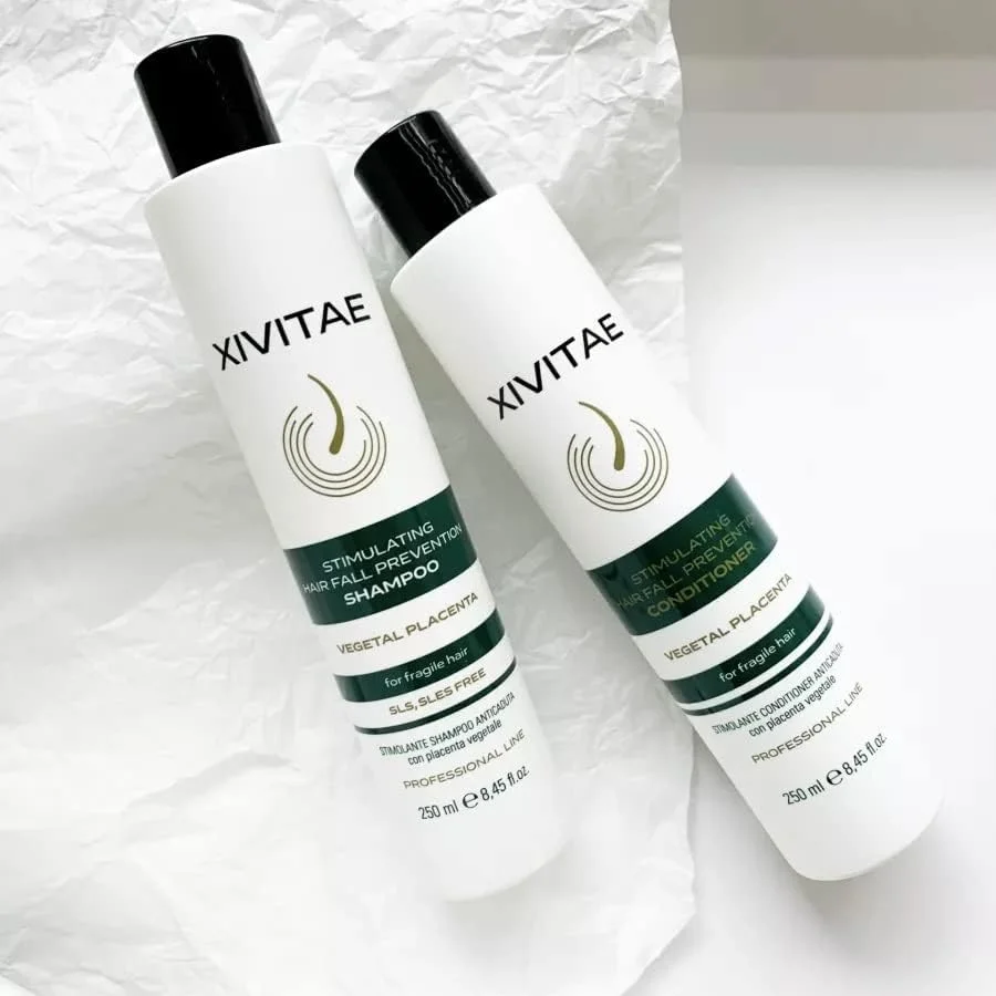 شامپو محرک جلوگیری از ریزش مو XIVITAE حاوی پلاسنتا گیاهی برای موهای شکننده 250 میلی لیتر، شامپو محرک ضد ریزش مو با پلاسنتا گیاهی، فاقد SLS و SLES، درمان مو