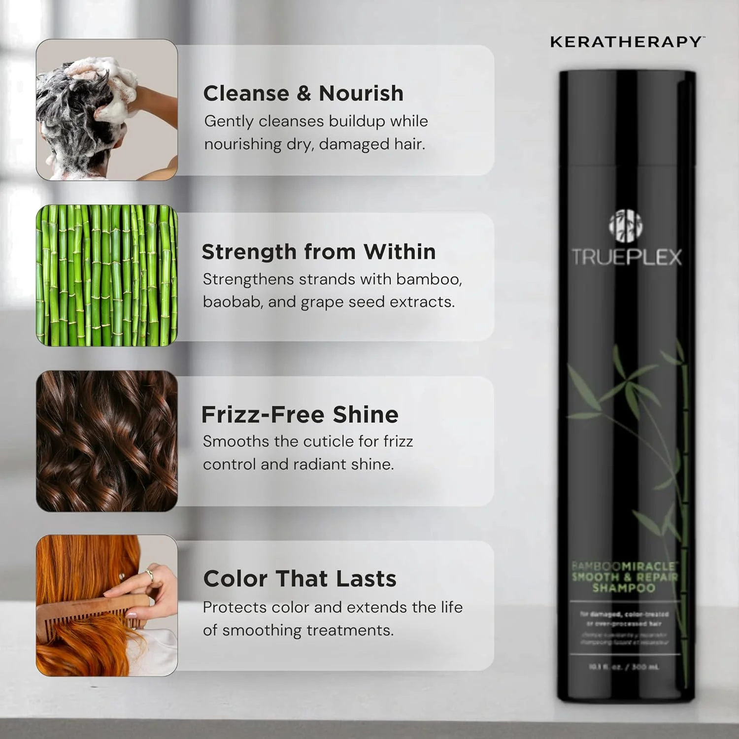 شامپو صاف کننده و ترمیم کننده موهای آسیب دیده Trueplex KERATHERAPY Bamboo Miracle، 300 میلی لیتر - فرمول پاک کننده وگان برای موهای آسیب دیده و وز - آبرسان و صاف کننده با عصاره دانه انگور، بائوباب و بامبو شامپو صاف کننده و ترمیم کننده موهای آسیب دیده Trueplex KERATHERAPY Bamboo Miracle، 300 میلی لیتر - فرمول پاک کننده وگان برای موهای آسیب دیده و وز - آبرسان و صاف کننده با عصاره دانه انگور، بائوباب و بامبو
