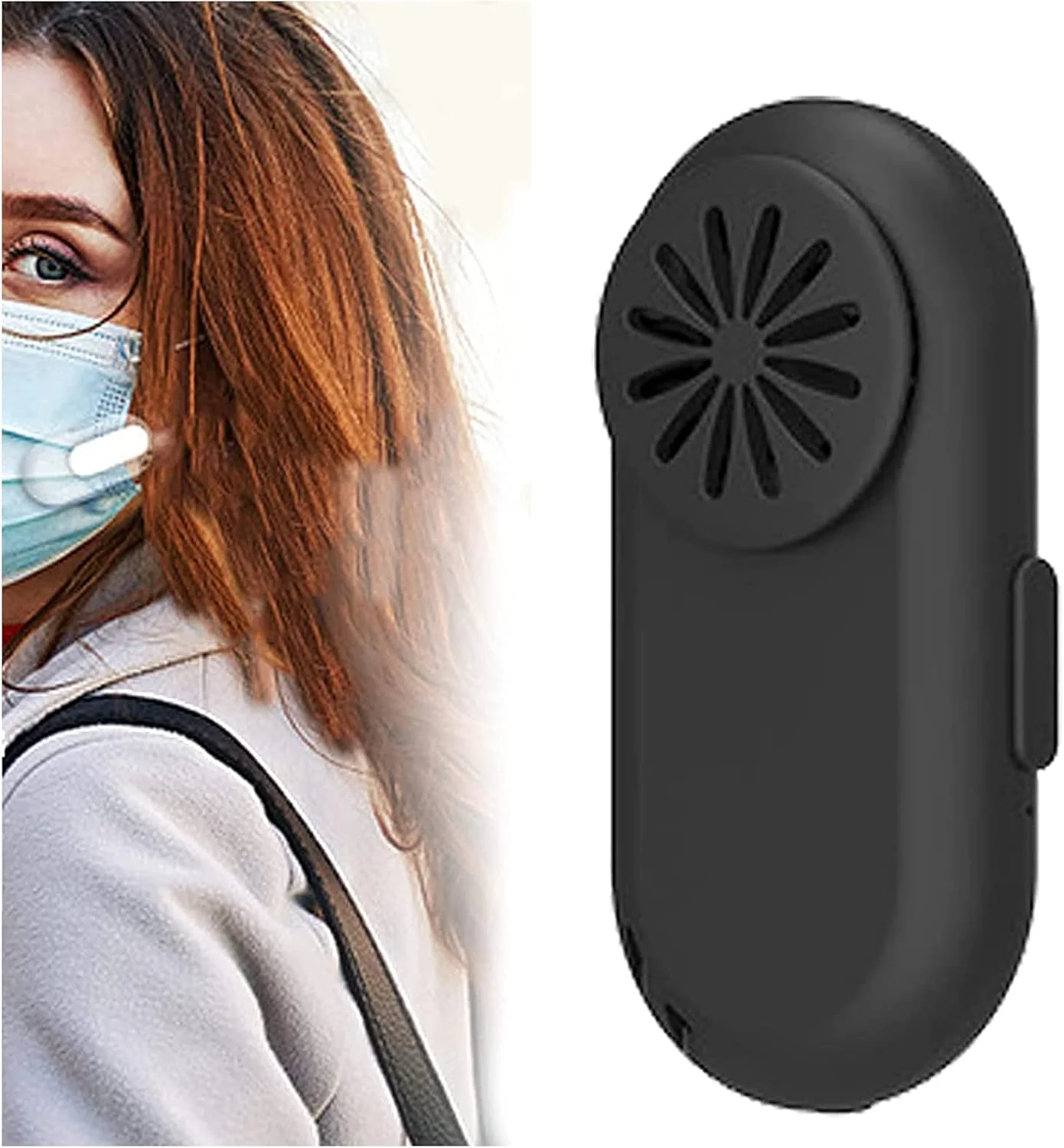 دستگاه تصفیه هوای پوشیدنی Breathe Cooler، فن ماسک تصفیه هوای کوچک قابل حمل، فن کوچک پوشیدنی شخصی گیره ای برای ماسک، تصفیه کننده هوای یونیزه کننده شخصی قابل استفاده مجدد (سفید + مشکی)