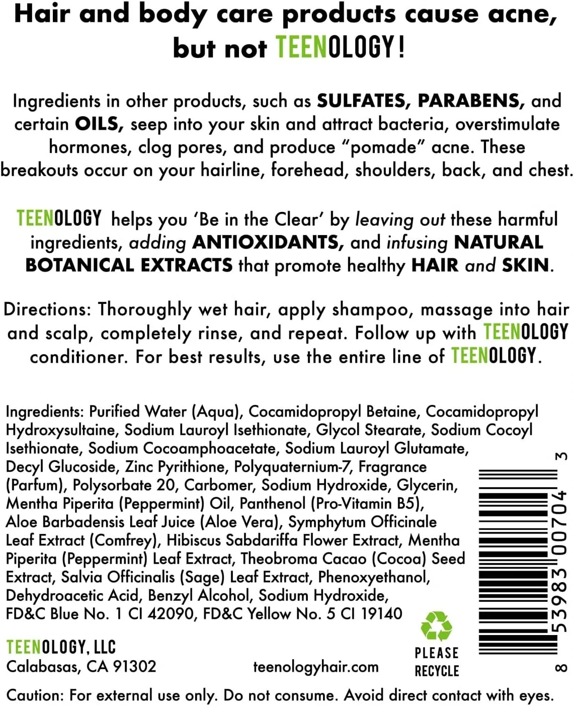 شامپو نوجوانان Teenology مدل 'Be In The Clear' - نعناع شکلاتی - جلوگیری از جوش - بدون سولفات - بدون پارابن - حاوی عصاره های گیاهی - بدون تست حیوانی - ساخت آمریکا - 470 میلی لیتر