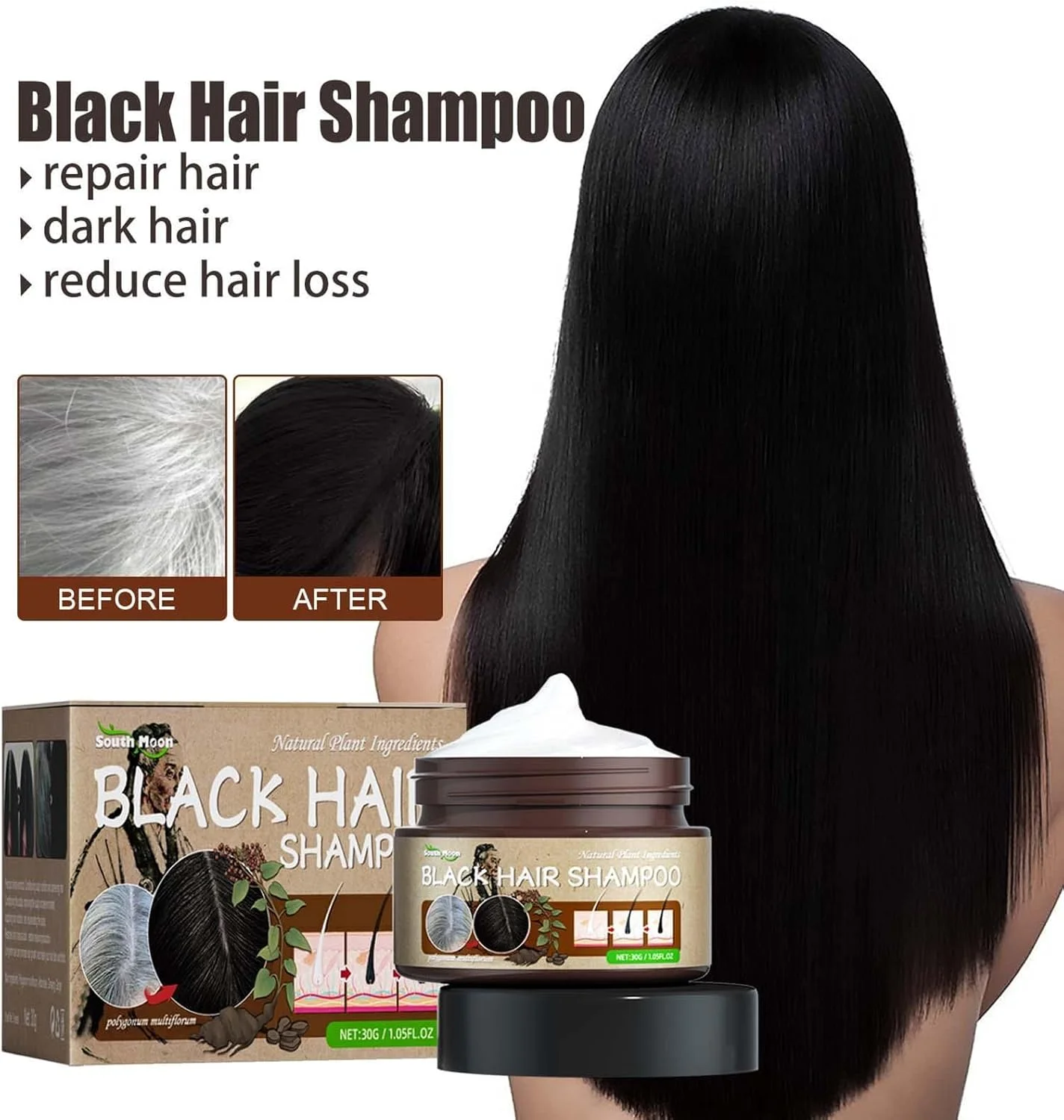 شامپو سفید به سیاه | رنگ موی تدریجی 30 گرمی برای موهای قوی تر و سالم تر | شامپو صاف کننده مو، پاک کننده پوست سر، ضد ریزش مو، تغذیه کننده و ترمیم کننده موهای آسیب دیده