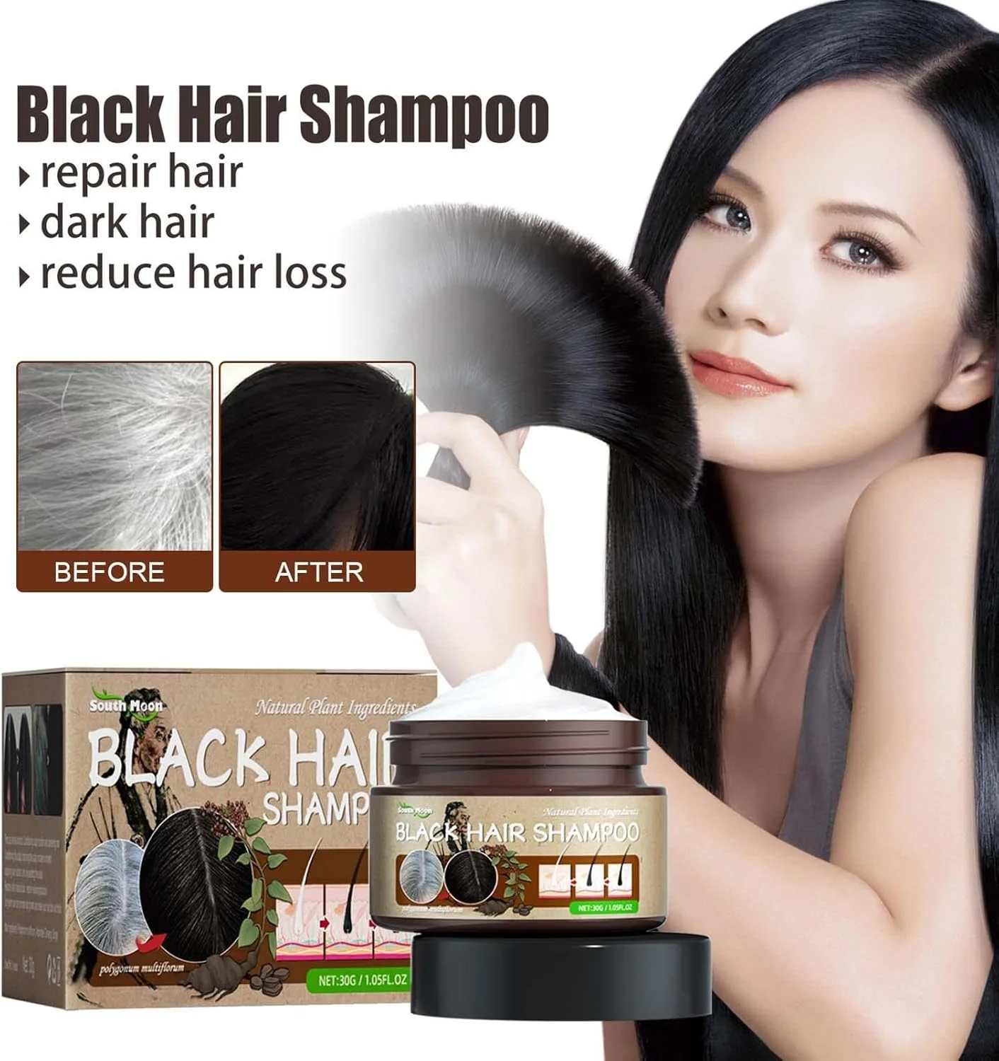 شامپو سفید به سیاه | رنگ موی تدریجی 30 گرمی برای موهای قوی تر و سالم تر | شامپو صاف کننده مو، پاک کننده پوست سر، ضد ریزش مو، تغذیه کننده و ترمیم کننده موهای آسیب دیده