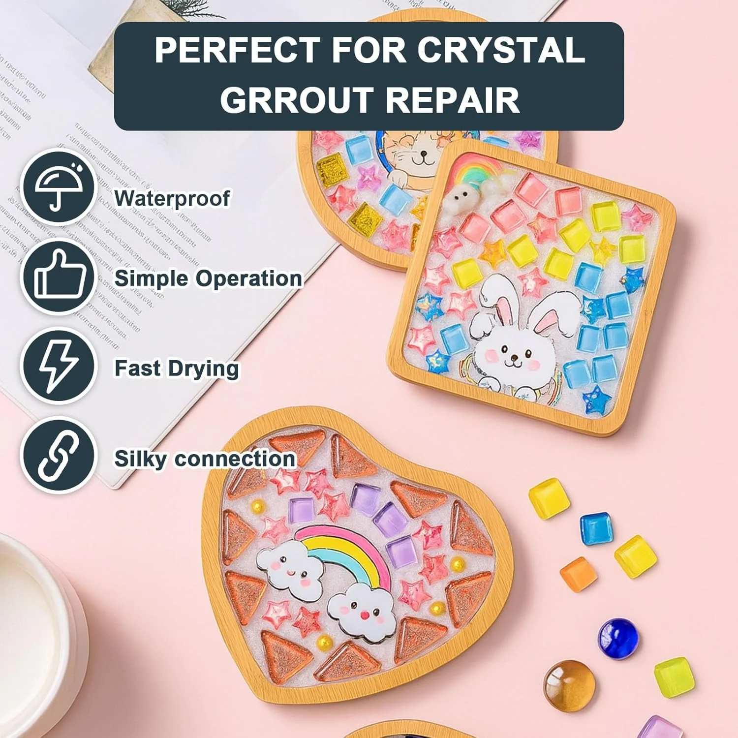 ملات موزاییک برای صنایع دستی - ملات کاشی کریستالی سفید خشک شونده سریع، عامل درزگیری آماده برای استفاده برای هنر شیشه ای DIY، هدایای دست ساز و لوازم کیت موزاییک (130 گرم)