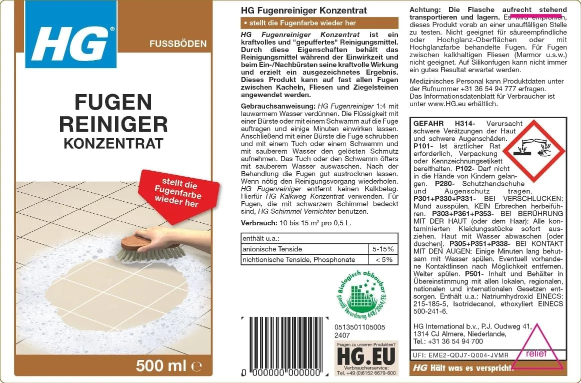 مایع تمیز کننده درز کاشی HG، حجم 500 میلی لیتر - فرمول متمرکز برای کف، دیوار و حمام