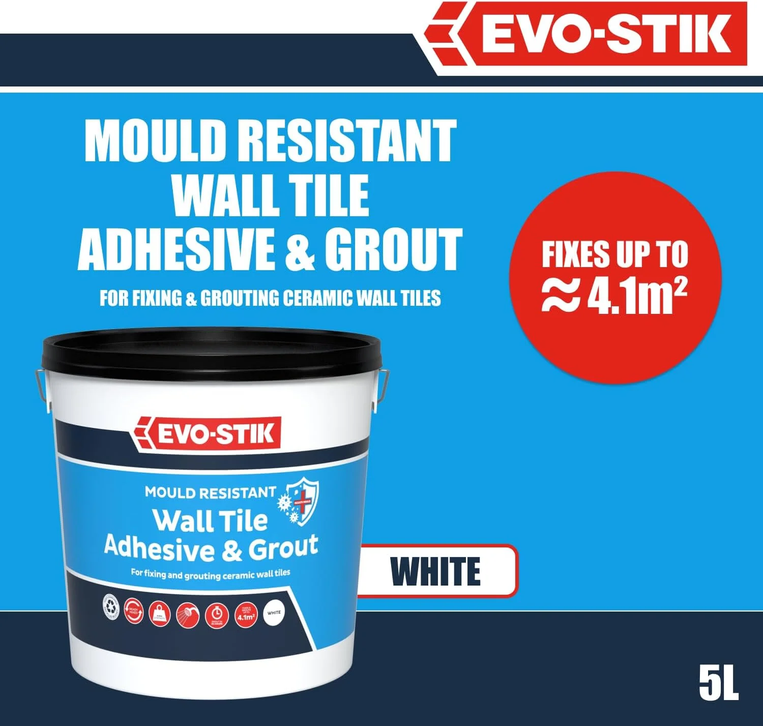 چسب و دوغاب کاشی دیوار مقاوم در برابر کپک Evo-Stik | 9 لیتر | ضد آب، چسبندگی قوی و آماده برای حمام و آشپزخانه چسب و دوغاب کاشی دیوار مقاوم در برابر کپک Evo-Stik | 9 لیتر | ضد آب، چسبندگی قوی و آماده برای حمام و آشپزخانه