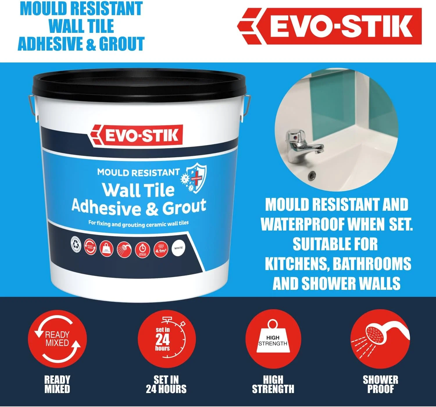 چسب و دوغاب کاشی دیوار مقاوم در برابر کپک Evo-Stik | 9 لیتر | ضد آب، چسبندگی قوی و آماده برای حمام و آشپزخانه چسب و دوغاب کاشی دیوار مقاوم در برابر کپک Evo-Stik | 9 لیتر | ضد آب، چسبندگی قوی و آماده برای حمام و آشپزخانه