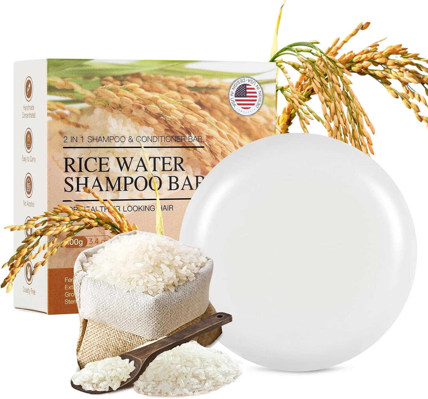 شامپو بار آب برنج NAOLVE برای رشد مو، شامپو و نرم کننده 2 در 1 آب برنج، شامپو بار جامد آب برنج ضد ریزش مو، شامپو صابونی آب برنج تخمیر شده، مغذی، پرپشت کننده و تقویت کننده، 100 گرم