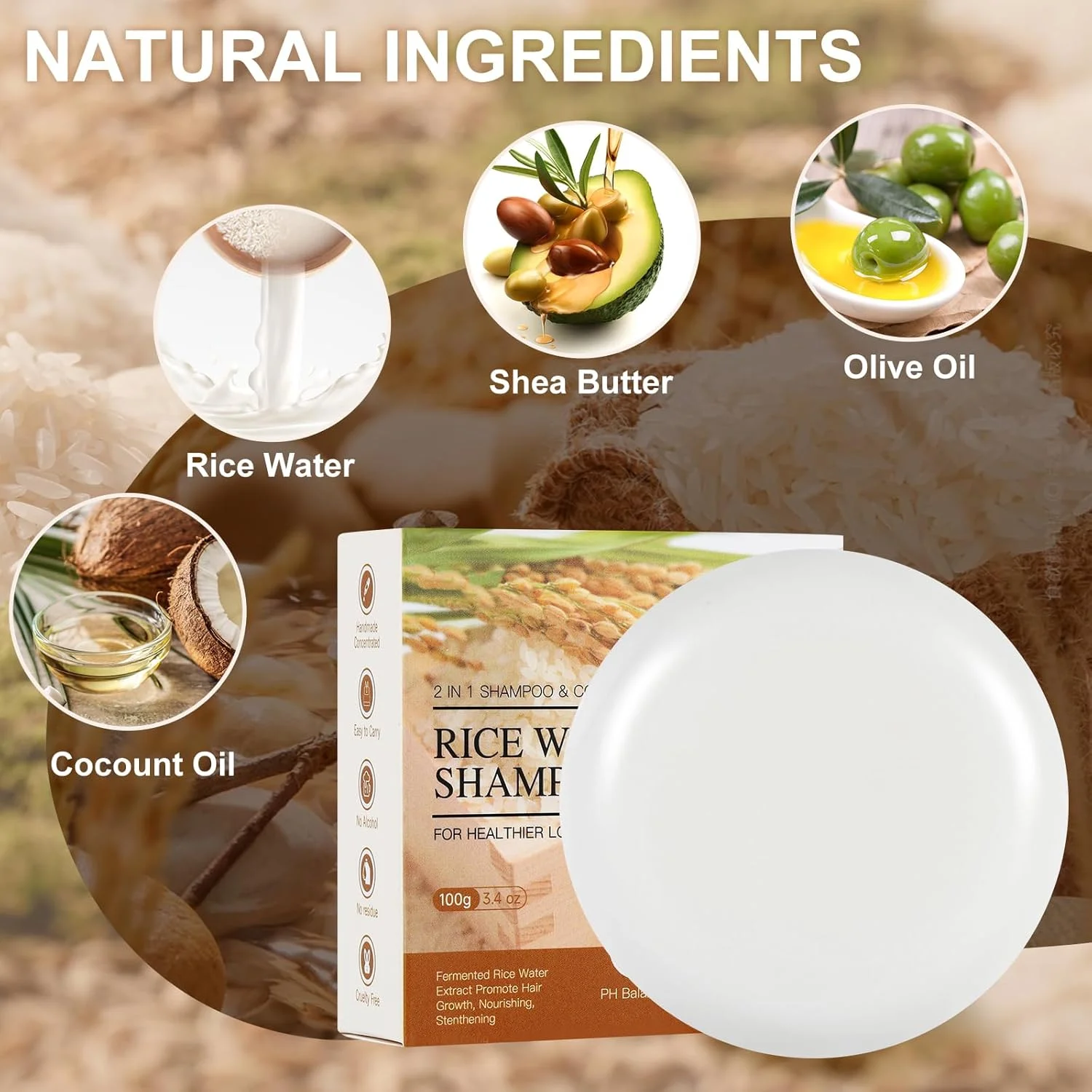 شامپو بار آب برنج NAOLVE برای رشد مو، شامپو و نرم کننده 2 در 1 آب برنج، شامپو بار جامد آب برنج ضد ریزش مو، شامپو صابونی آب برنج تخمیر شده، مغذی، پرپشت کننده و تقویت کننده، 100 گرم