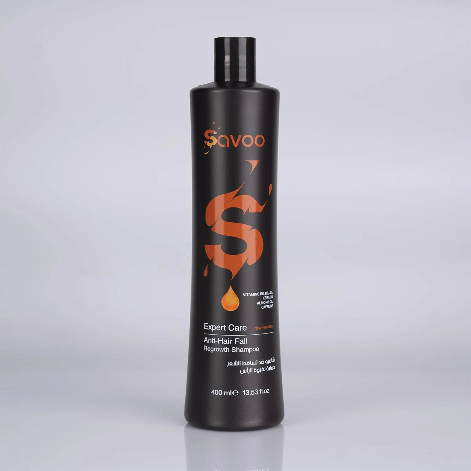 شامپو تقویت کننده و ضد ریزش مو ساوو 400 میلی لیتر | حاوی کافئین، کراتین، روغن بادام، ویتامین های B5، B6 و E | محرک رشد، تقویت کننده ریشه و کاهش دهنده ریزش مو