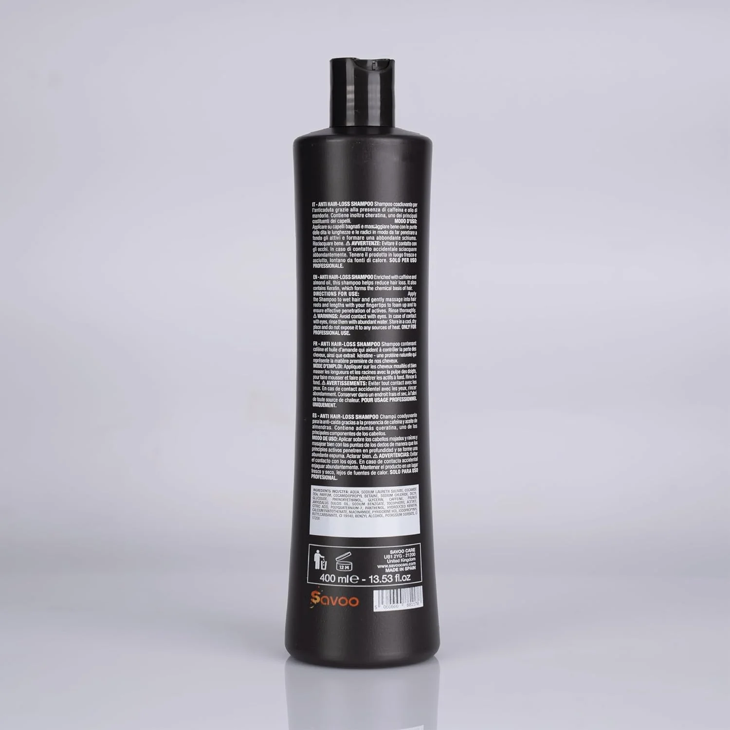 شامپو تقویت کننده و ضد ریزش مو ساوو 400 میلی لیتر | حاوی کافئین، کراتین، روغن بادام، ویتامین های B5، B6 و E | محرک رشد، تقویت کننده ریشه و کاهش دهنده ریزش مو