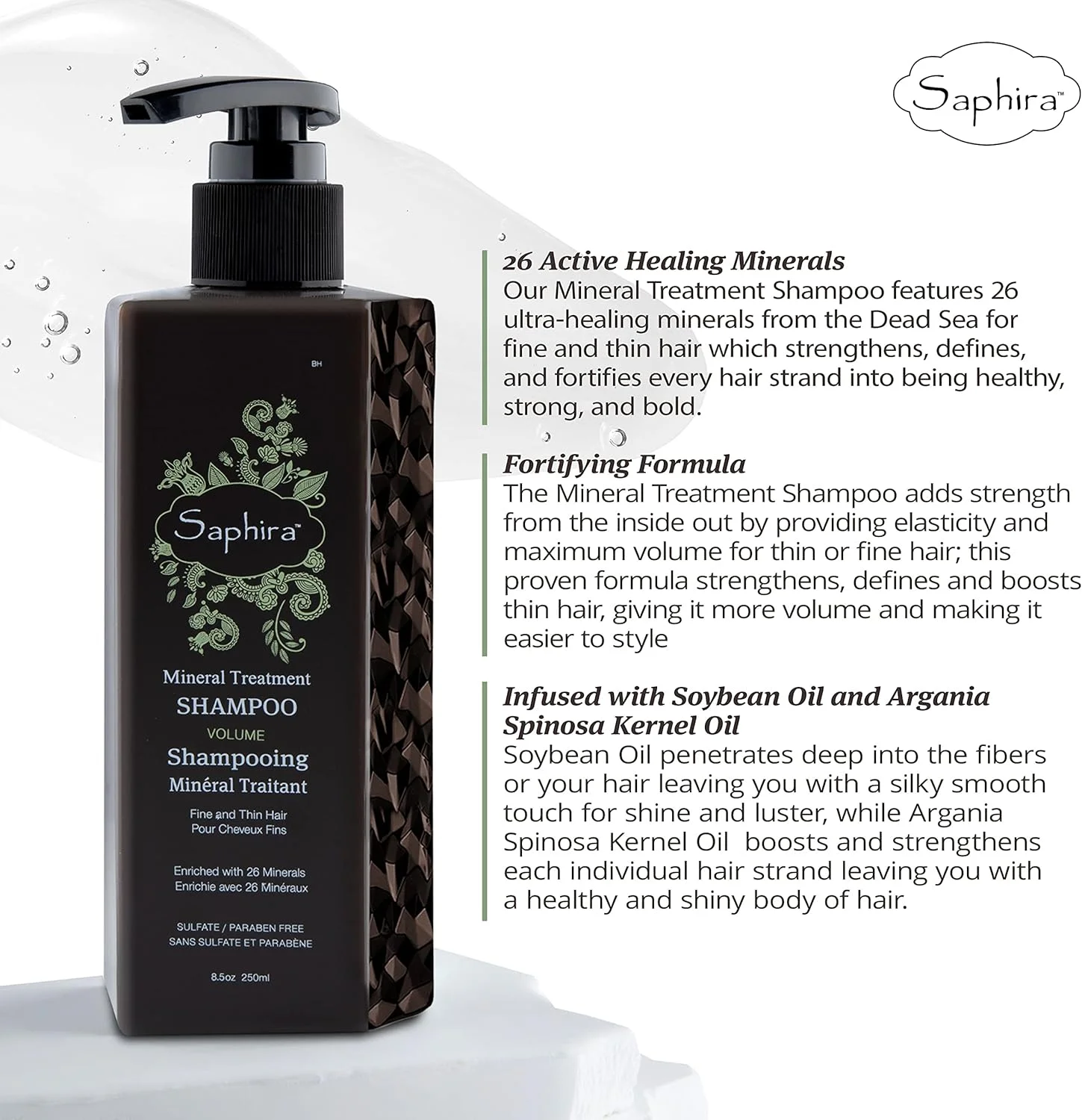 شامپو درمانی مواد معدنی سفیره برای موهای نازک، کم حجم و رنگ شده، بدون سولفات و پارابن، تقویت کننده، حجم دهنده و حالت دهنده موهای ضعیف و شکننده، 3 اونس