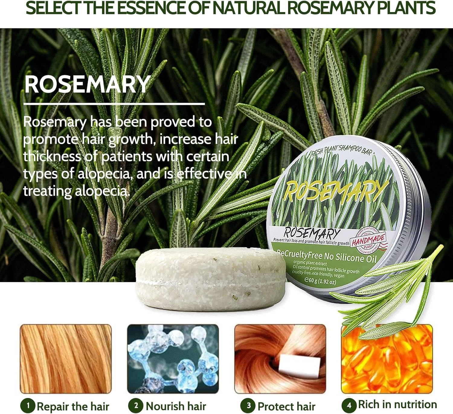 شامپو بار رزماری، شامپو جامد رزماری برای رشد مو، شامپو بار طبیعی برای تغذیه پوست سر، ضد ریزش مو، نرم کننده مو، ترمیم موهای آسیب دیده، صابون شامپو ارگانیک پاک کننده