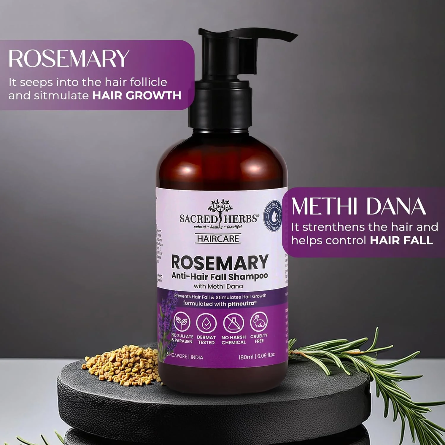 شامپو ضد ریزش مو رزماری Sacred Herbs با رزماری و میتی دانا برای کاهش ریزش و شکستگی مو - 180 میلی لیتر | تا 92% موهای قوی تر* | تا 89% ریزش موی کمتر* | برای آقایان و بانوان (شامپو)