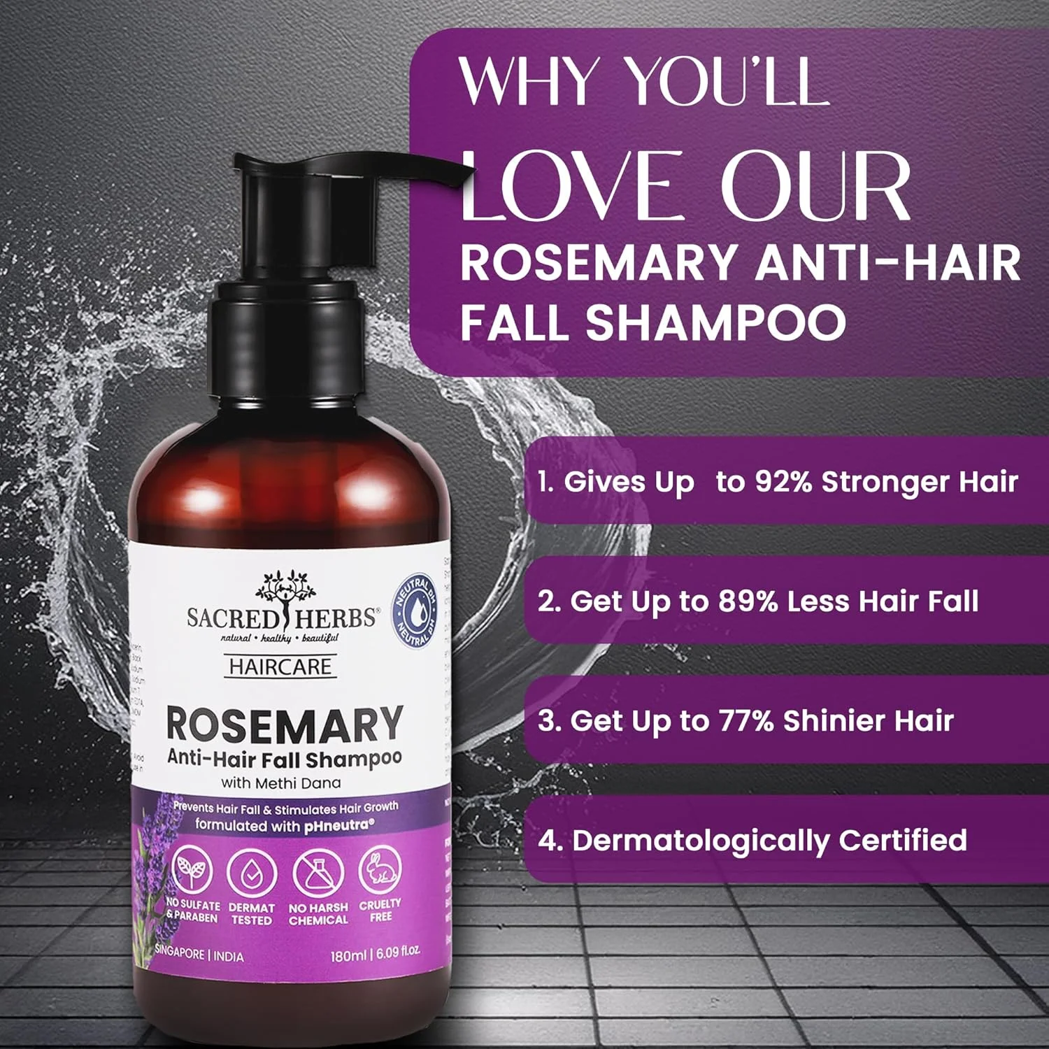 شامپو ضد ریزش مو رزماری Sacred Herbs با رزماری و میتی دانا برای کاهش ریزش و شکستگی مو - 180 میلی لیتر | تا 92% موهای قوی تر* | تا 89% ریزش موی کمتر* | برای آقایان و بانوان (شامپو)