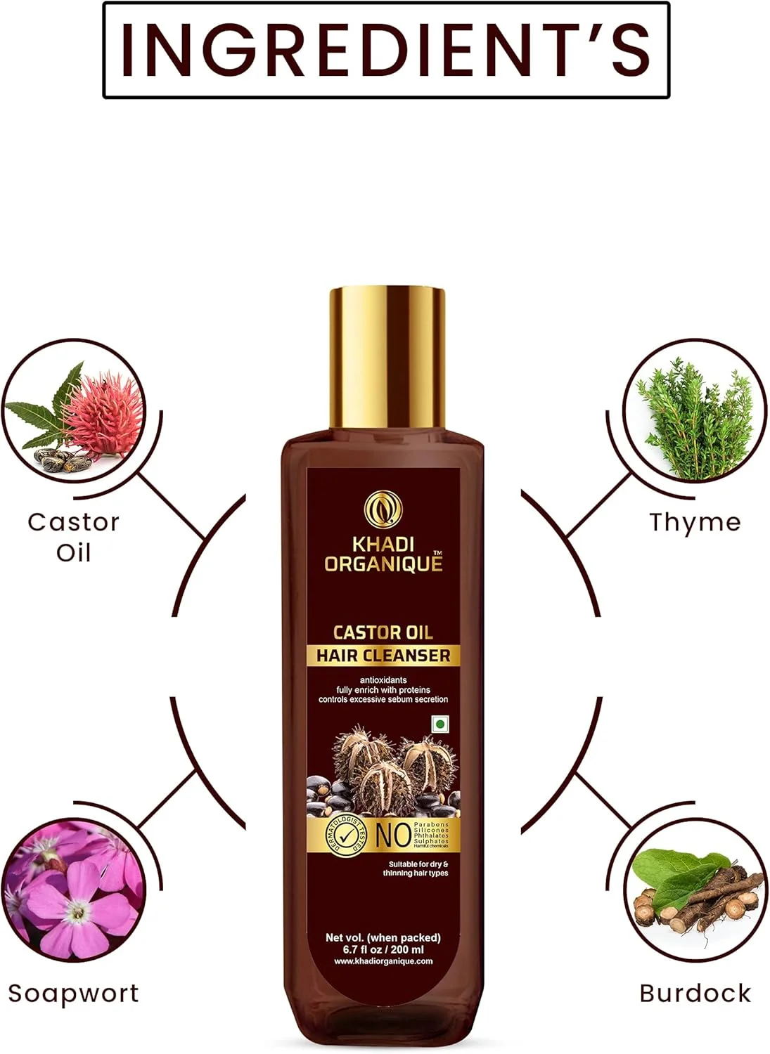 شوینده مو روغن کرچک ارگانیک Khadi | شامپو آنتی اکسیدان غنی شده با پروتئین ها، کنترل ترشح بیش از حد سبوم 200 میلی لیتر