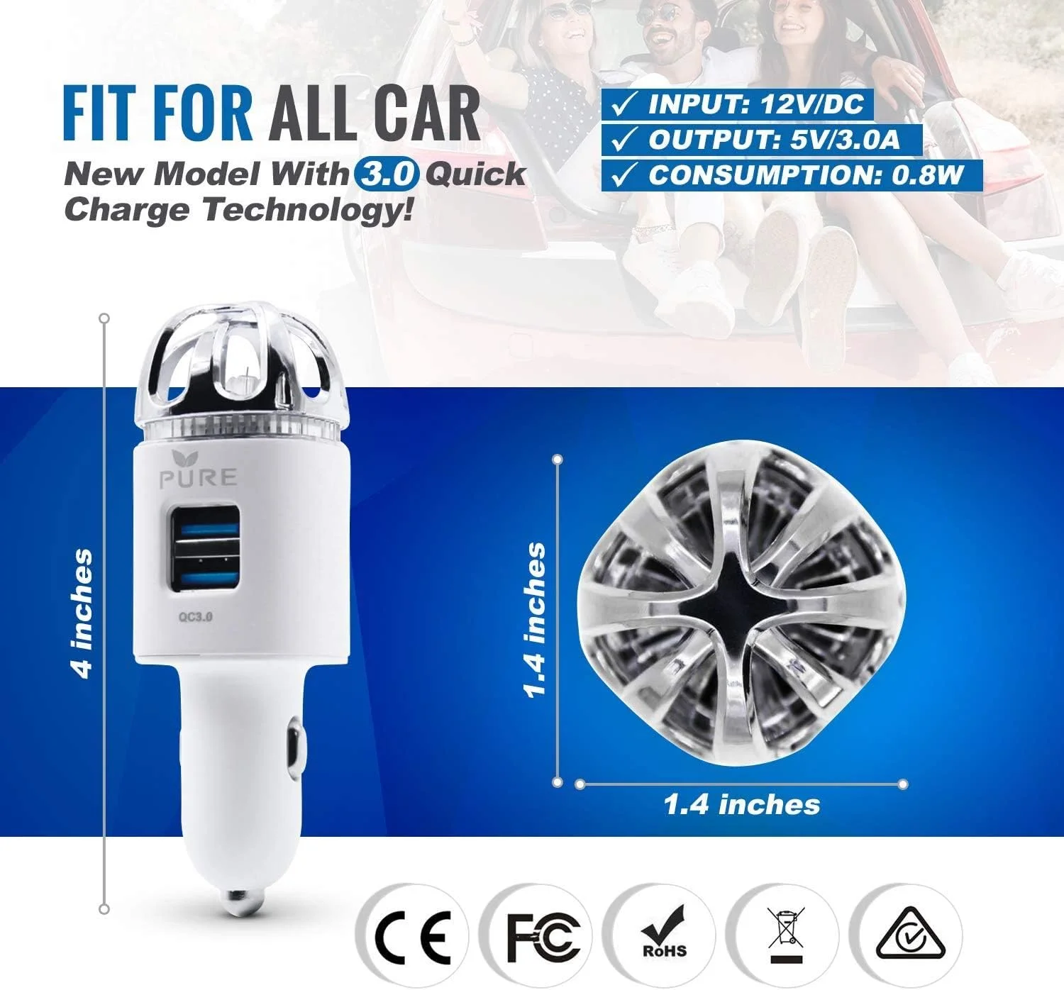 دستگاه تصفیه هوا خودرو 3 در 1 استیل ضد زنگ با فیلتر HEPA و یونیزه کننده به همراه دو پورت USB شارژ سریع 3.0 - از بین بردن آلرژن ها، بو، دود، حیوانات خانگی، گرده، کپک و باکتری ها با خوشبو کننده ضد میکروبی (سفید)