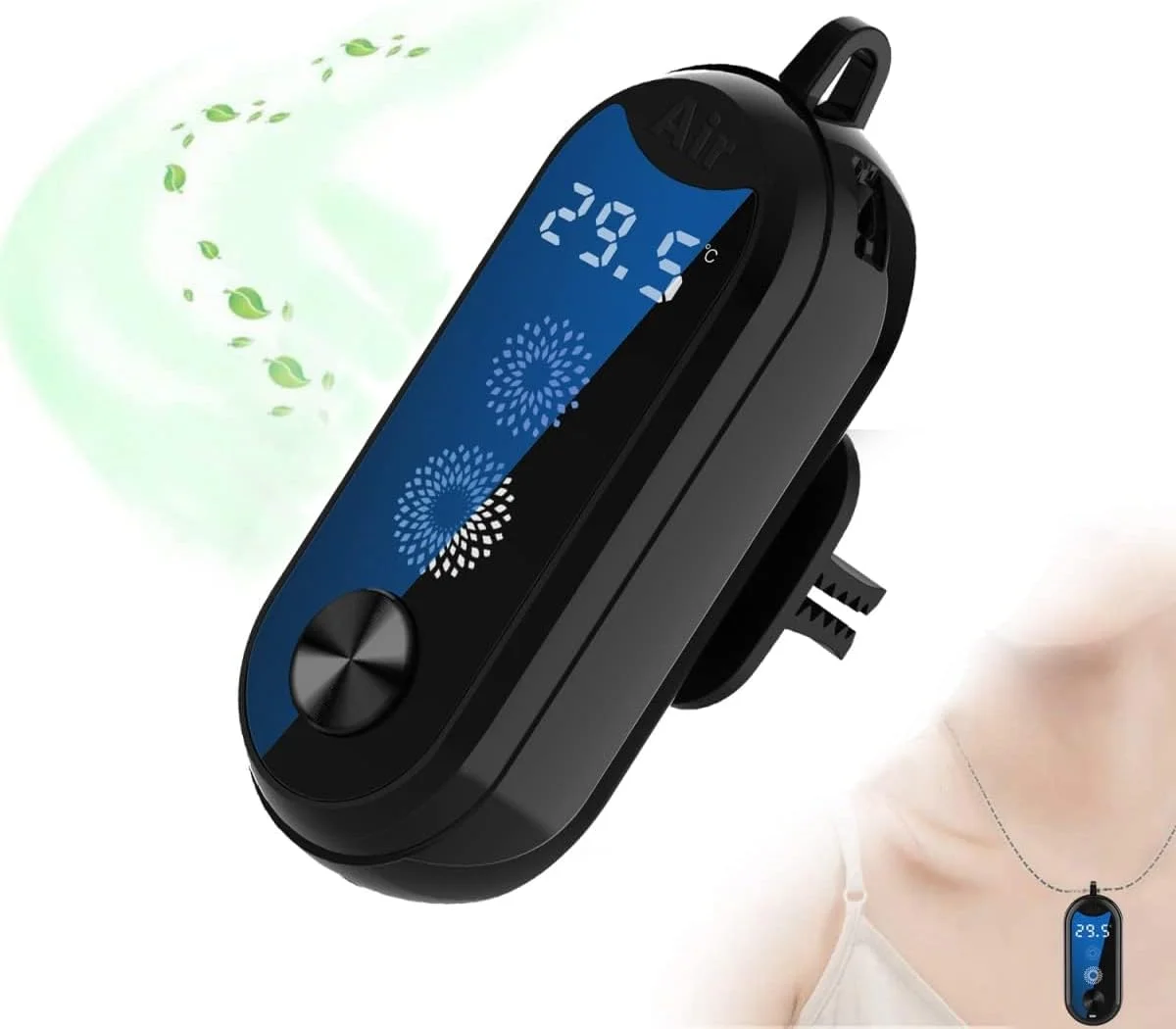 گردنبند تصفیه کننده هوای پوشیدنی NALACAL با صفحه نمایش LED، یونیزر شخصی قابل حمل و دماسنج دیجیتال، خوشبو کننده خودرو با قرص رایحه درمانی برای مسافرت، تصفیه کننده و خوشبو کننده هوای مینی همه در 1