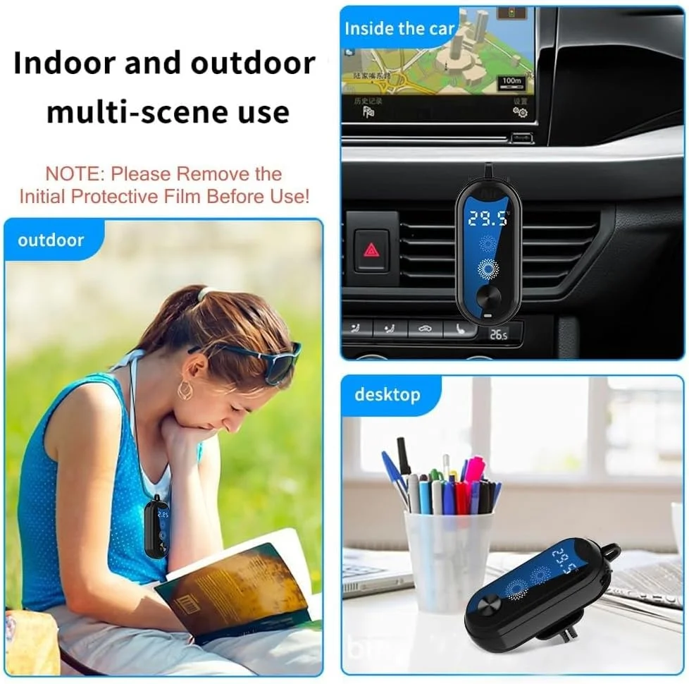 گردنبند تصفیه کننده هوای پوشیدنی NALACAL با صفحه نمایش LED، یونیزر شخصی قابل حمل و دماسنج دیجیتال، خوشبو کننده خودرو با قرص رایحه درمانی برای مسافرت، تصفیه کننده و خوشبو کننده هوای مینی همه در 1