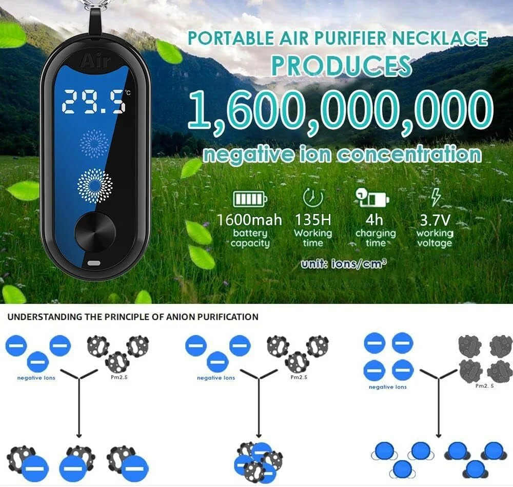 گردنبند تصفیه کننده هوای پوشیدنی NALACAL با صفحه نمایش LED، یونیزر شخصی قابل حمل و دماسنج دیجیتال، خوشبو کننده خودرو با قرص رایحه درمانی برای مسافرت، تصفیه کننده و خوشبو کننده هوای مینی همه در 1