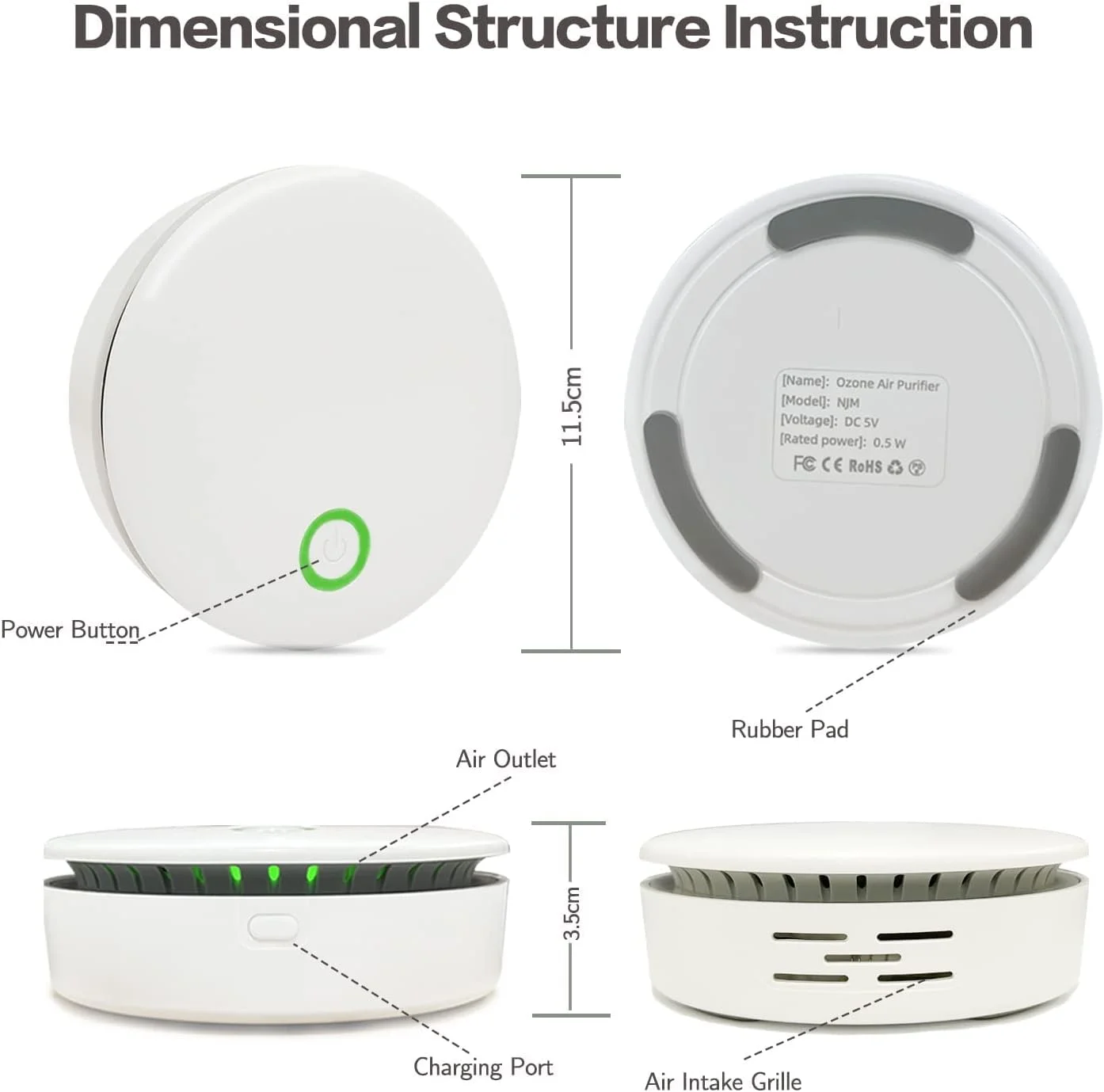 دستگاه تصفیه هوا Excefore، مینی قابل حمل و شارژی اوزون یونی برای تصفیه سریع هوا، یونیزه کننده هوای بی صدا با دنده سوم و شروع با یک دکمه برای خودرو، حمام، یخچال، جا کفشی، اتاق و غیره