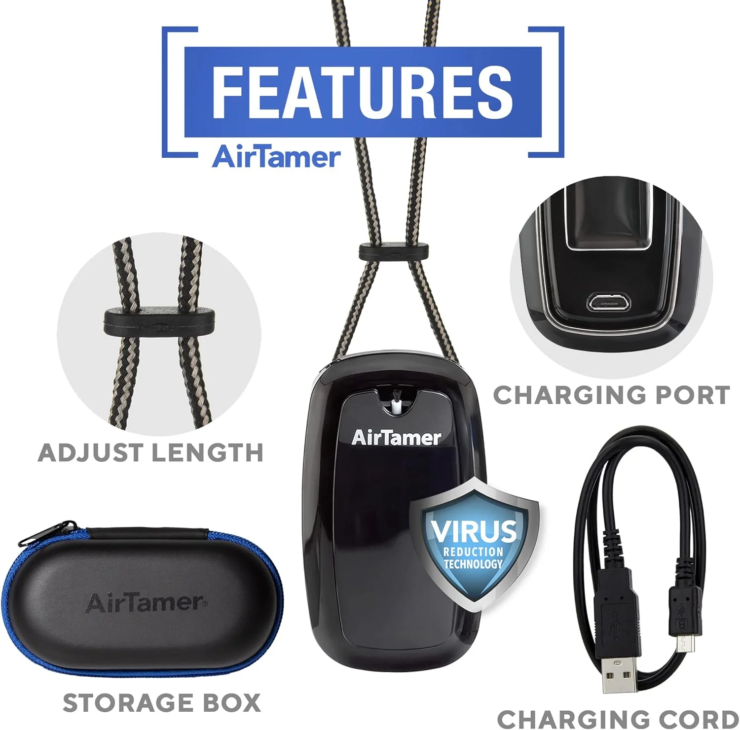 تصفیه کننده هوای قابل حمل و شارژی AirTamer A315 با تولید یون منفی | عملکرد اثبات شده، مشکی با کیف چرمی مشکی