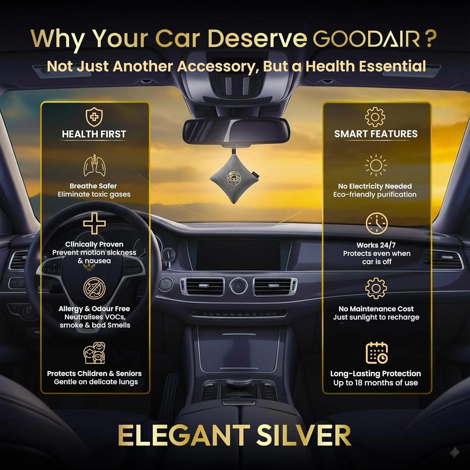 خوشبو کننده و تصفیه کننده هوای غیر الکتریکی خودرو مدل GOODAIR 2.0 Premium | نقره ای ظریف | تست و تایید شده برای جذب گازهای سمی | کربن فعال پیشرفته آغشته شده | تصفیه هوای 24 ساعته