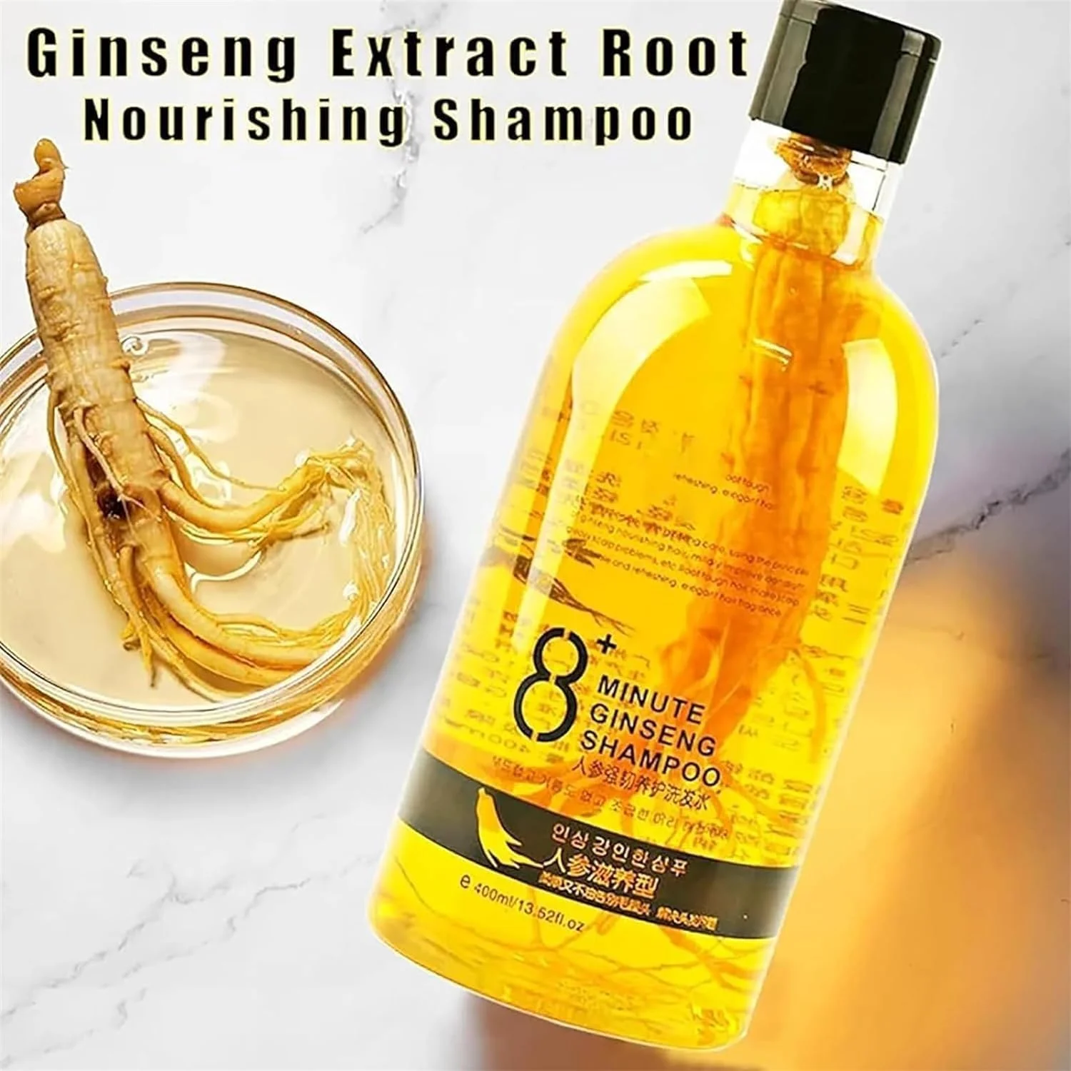 شامپو جینسینگ 8 دقیقه ای، شامپو مغذی ریشه با عصاره جینسینگ 400 میلی لیتری، عصاره های گیاهی به آرامی موها را تغذیه می کنند، شامپو ضد ریزش مو برای موهای قوی تر، ضخیم تر و بلندتر