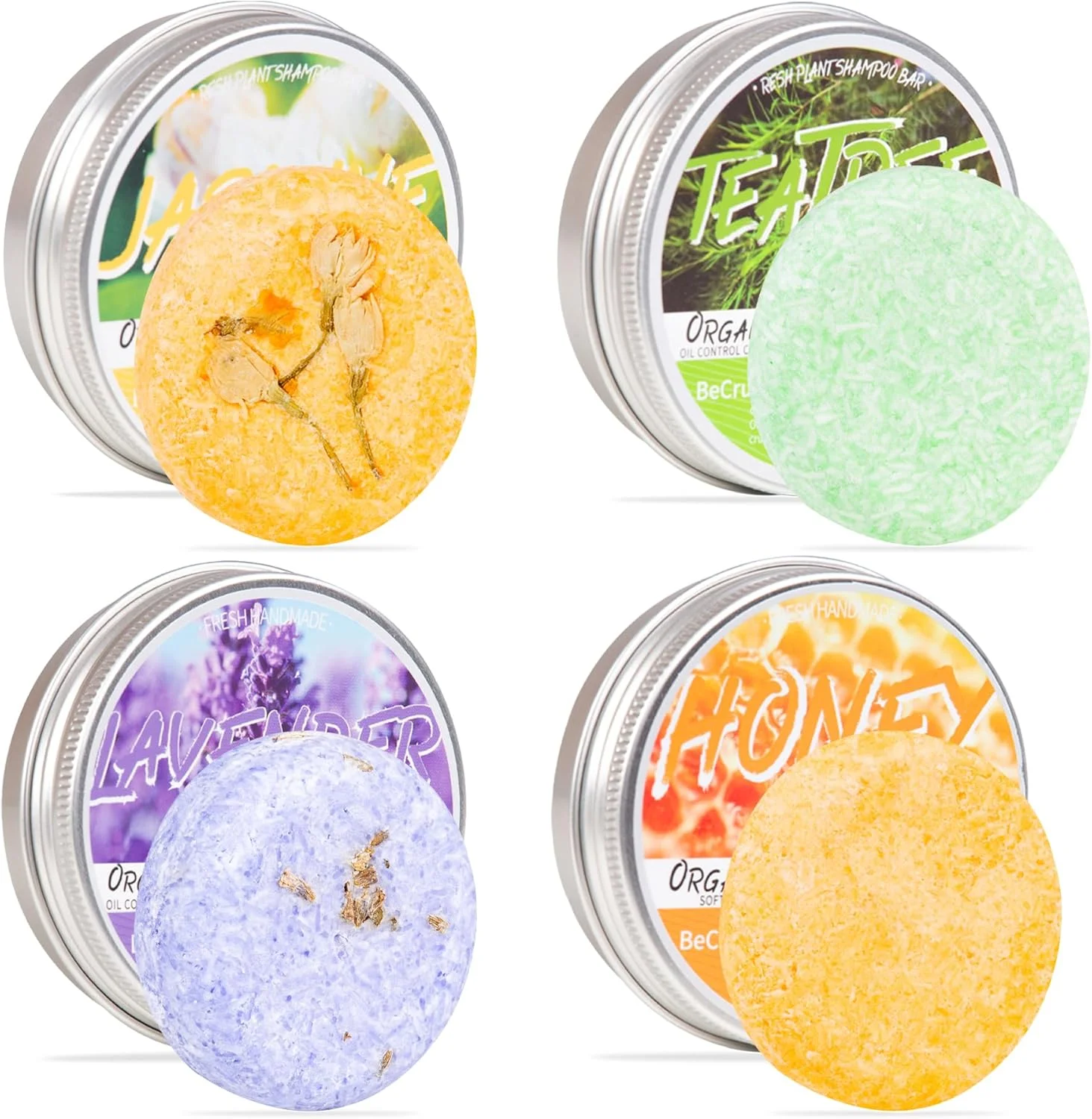 ست هدیه چهار عدد شامپو بار No2Plastic در قوطی. 100% مواد طبیعی، پرس شده و بسته بندی شده با دست در قوطی. بدون پسماند، بدون پلاستیک. عسل، درخت چای، یاس و اسطوخودوس