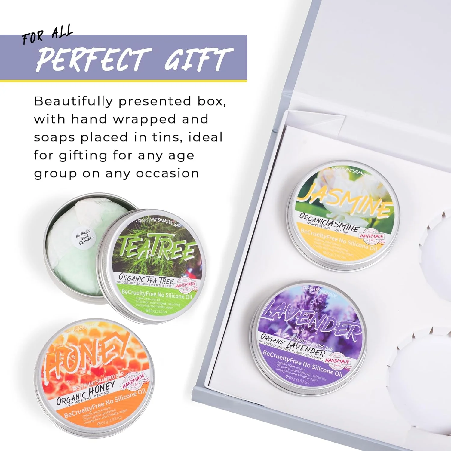 ست هدیه چهار عدد شامپو بار No2Plastic در قوطی. 100% مواد طبیعی، پرس شده و بسته بندی شده با دست در قوطی. بدون پسماند، بدون پلاستیک. عسل، درخت چای، یاس و اسطوخودوس