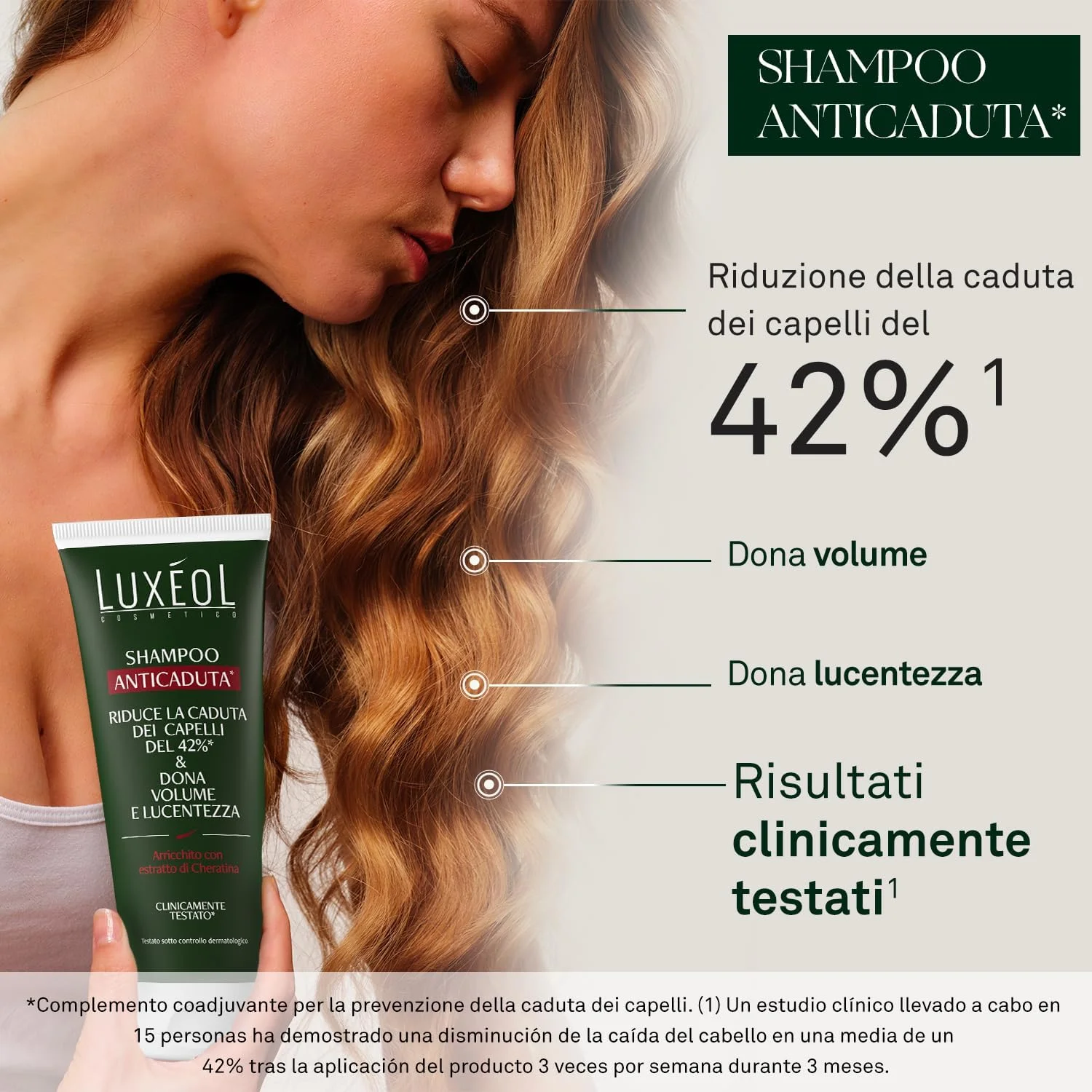 لوکسیول - شامپو ضد ریزش مو - حجم دهنده، براق کننده و آبرسان - 42% کاهش موهای در حال ریزش* - از نظر بالینی تست شده* - بر پایه عصاره کراتین - مناسب برای خانم ها و آقایان - ساخت اسپانیا - 200 میلی لیتر