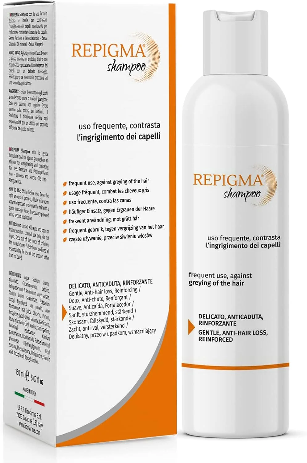 شامپو رپیگما لیکوفارما | تقویت کننده | ضد ریزش مو | مقابله با سفید شدن مو | کند کننده روند سفید شدن مو | 150 میلی لیتر