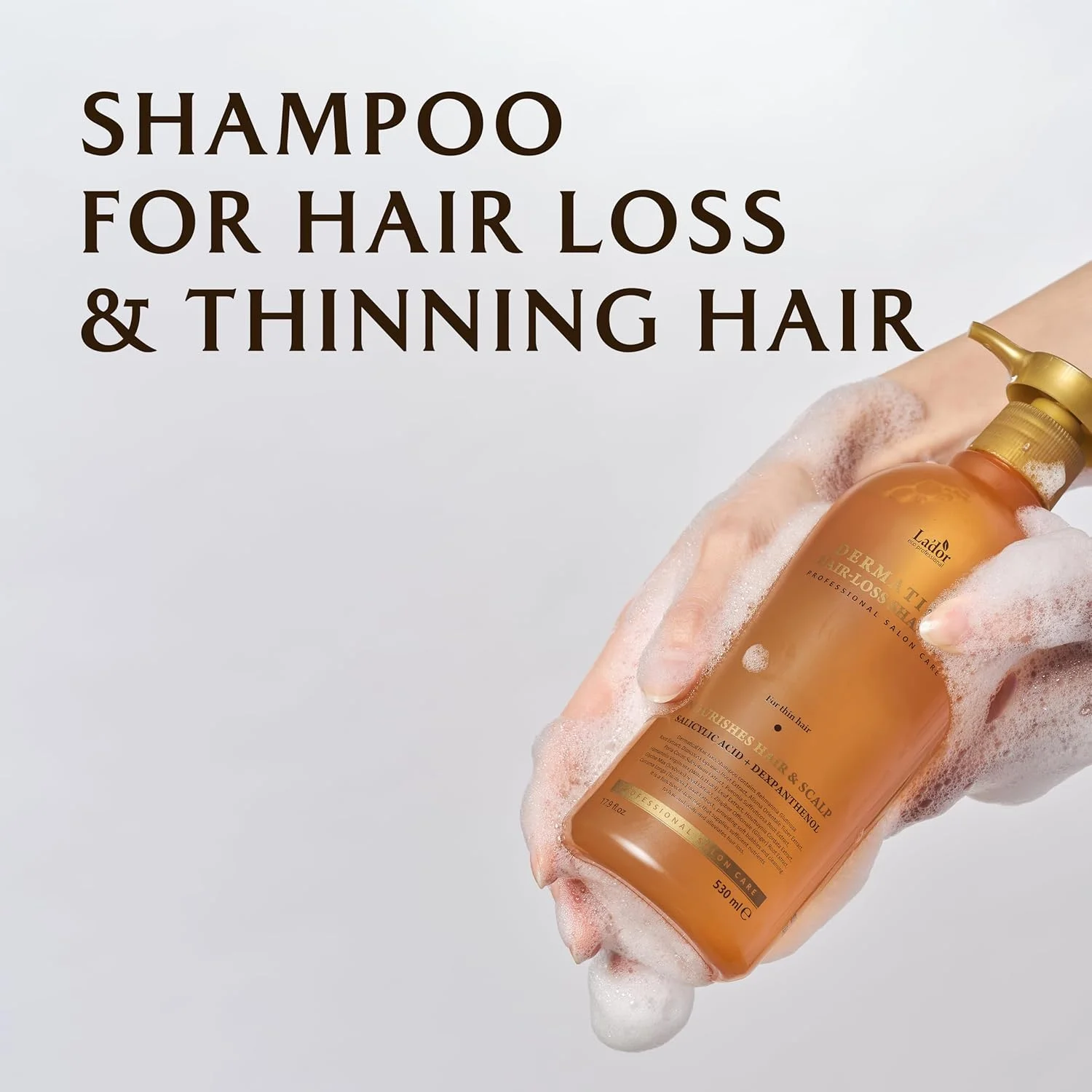 شامپو ضد ریزش مو و تقویت کننده مو لادر درماتیکال - پاک کننده عمیق، تغذیه کننده، تسکین دهنده پوست سر آسیب دیده با اسید سالیسیلیک، دکسپانتنول، نیاسینامید، منتول (530 میلی لیتر، مناسب موهای معمولی تا خشک)