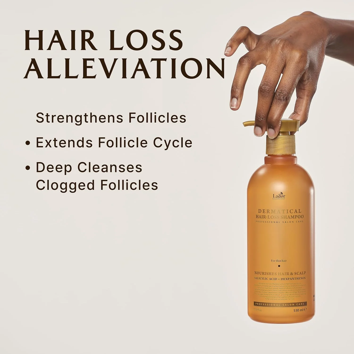 شامپو ضد ریزش مو و تقویت کننده مو لادر درماتیکال - پاک کننده عمیق، تغذیه کننده، تسکین دهنده پوست سر آسیب دیده با اسید سالیسیلیک، دکسپانتنول، نیاسینامید، منتول (530 میلی لیتر، مناسب موهای معمولی تا خشک)