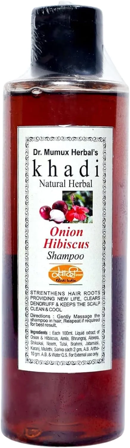 شامپو گیاهی طبیعی خادی با عصاره پیاز قرمز و گل بامیه 100% خالص و طبیعی، حاوی آملا، آلوئه ورا، چریش و ریحان | برای رشد و تقویت مو | مناسب برای آقایان و بانوان، بسته 200 میلی لیتری