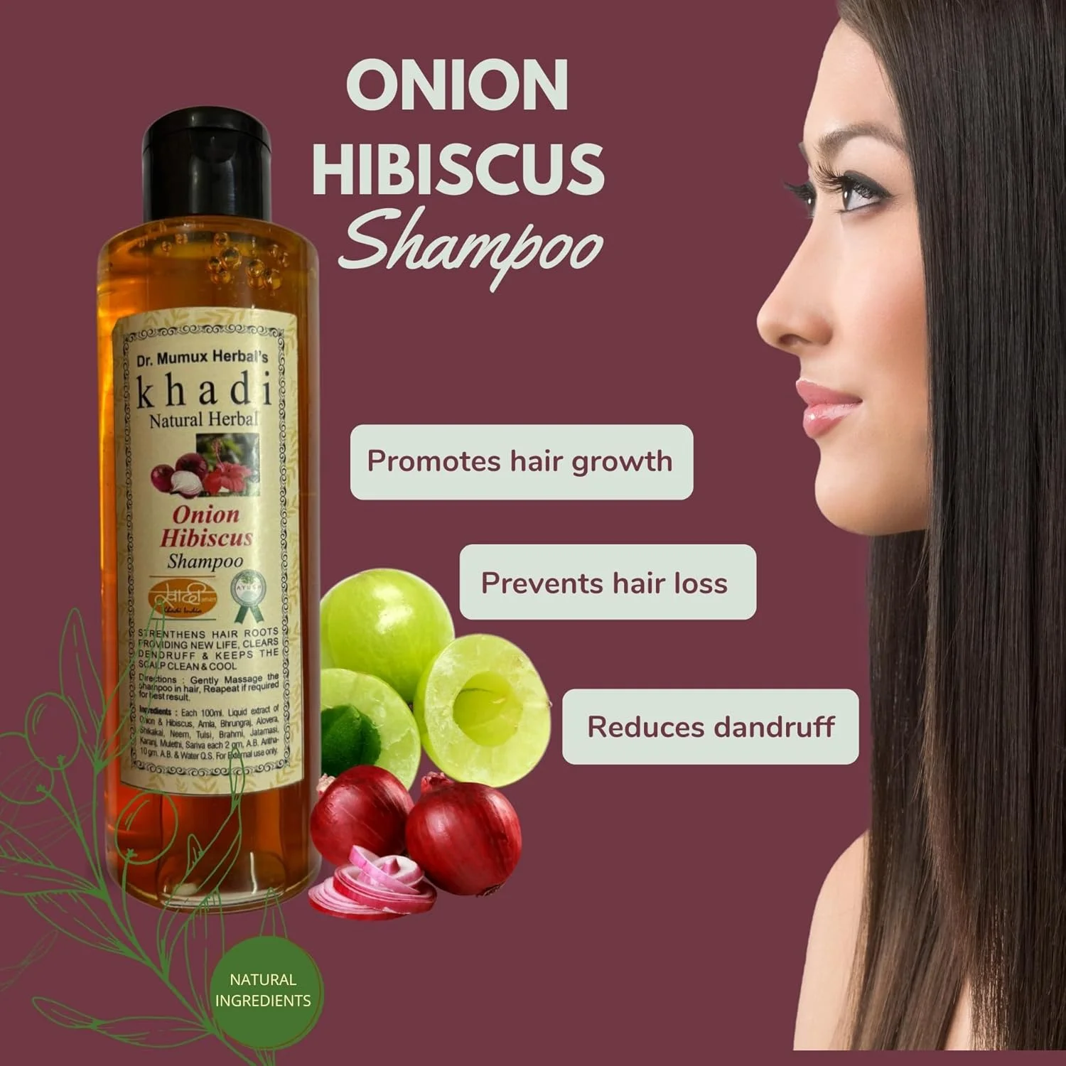 شامپو گیاهی طبیعی خادی با عصاره پیاز قرمز و گل بامیه 100% خالص و طبیعی، حاوی آملا، آلوئه ورا، چریش و ریحان | برای رشد و تقویت مو | مناسب برای آقایان و بانوان، بسته 200 میلی لیتری