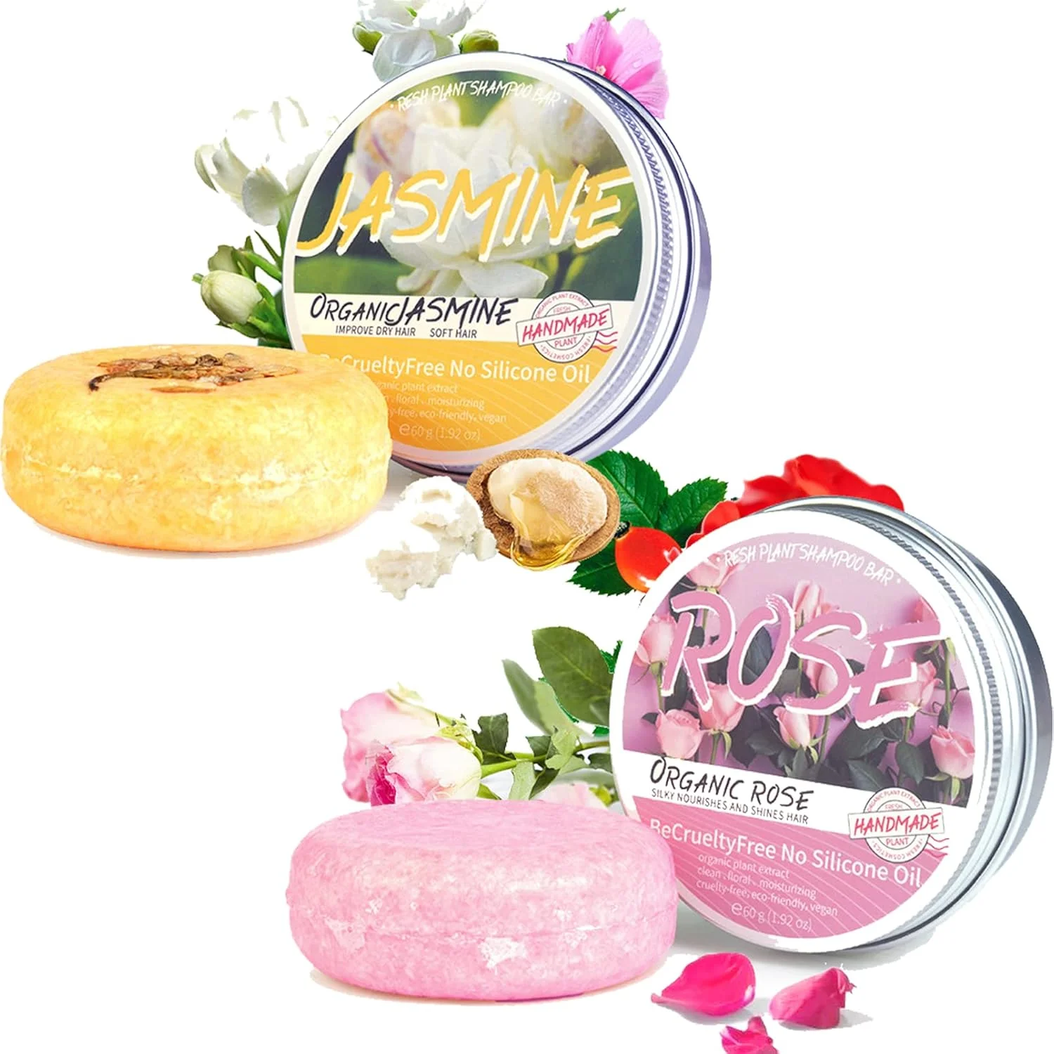 شامپو بار رشد مجدد مو با رایحه گل رز و یاس، صابون شامپو گیاهی رز، شامپو بار طبیعی گل یاس، ضد ریزش مو، ضد وز مو، ضد شوره و ضد خارش، محافظت از پوست سر مناسب برای آقایان و بانوان