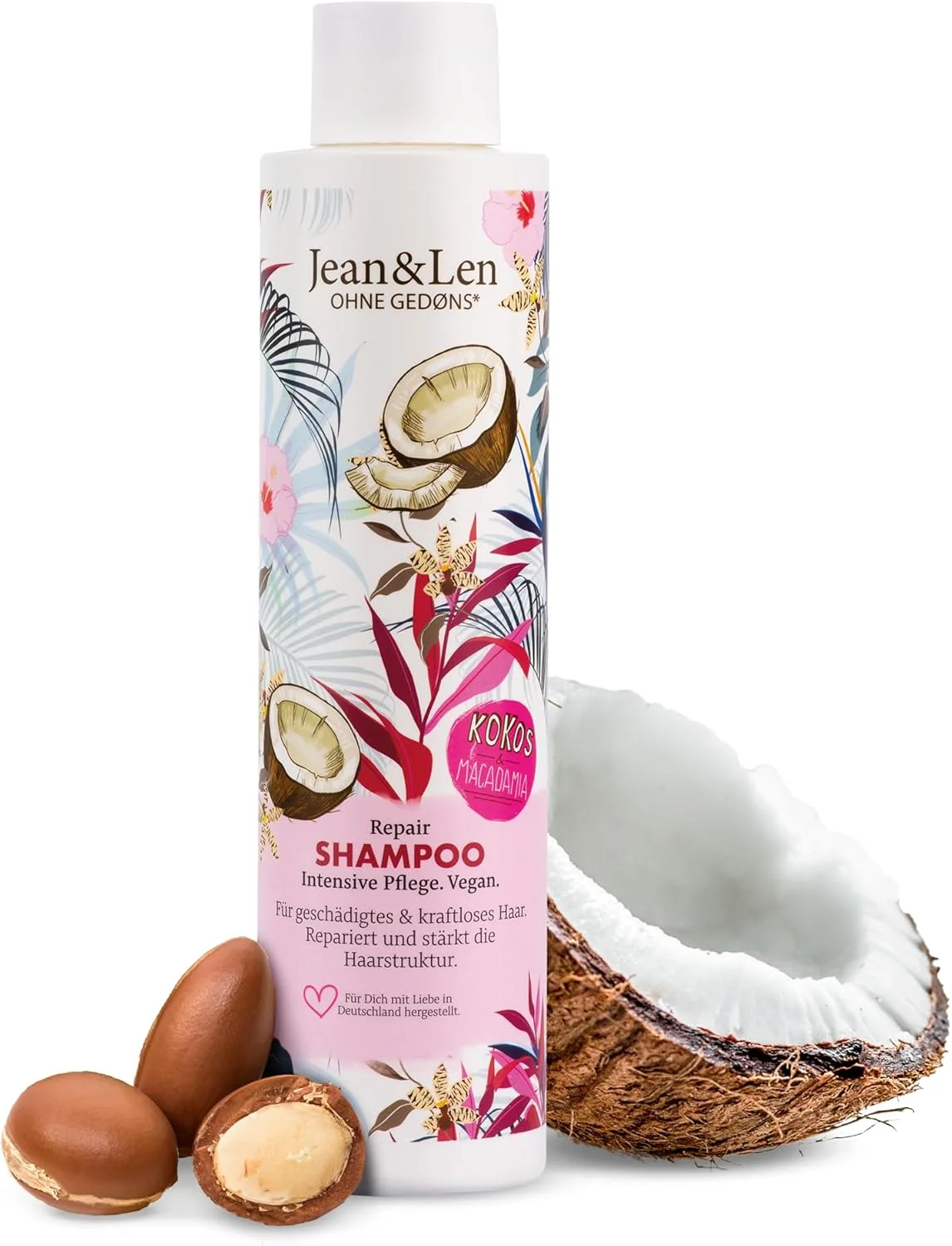 شامپو ترمیم کننده مو روغن نارگیل و ماکادمیا Jean & Len، برای موهای آسیب دیده و ضعیف، جلوگیری از از دست دادن رطوبت، ترمیم آسیب مو، رایحه نارگیل، فاقد پارابن و سیلیکون، وگان 300 میلی لیتر