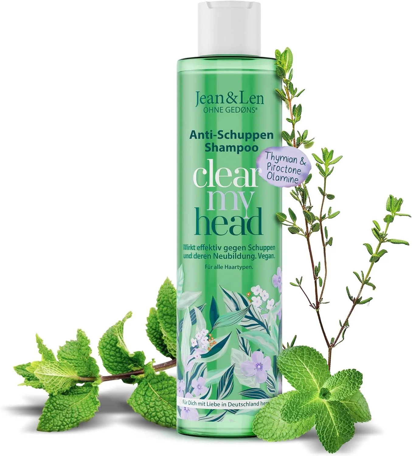 شامپو ضد شوره سر ژان اند لن، آویشن و نعناع، فرمول مراقبت وگان، حاوی پیروکتون اولامین، ضد شوره، مناسب برای شستشوی روزانه مو، فاقد پارابن و سیلیکون، وگان، 300 میلی لیتر