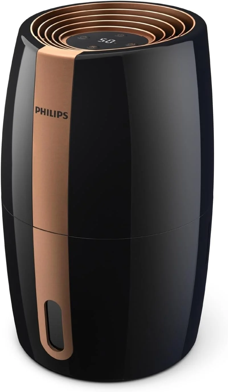 دستگاه بخور Versuni Philips HU271810، توان 17 وات، ظرفیت مخزن آب 2 لیتر، مناسب برای اتاق تا 32 متر مربع، فناوری NanoCloud، ظرفیت رطوبت دهی 200 میلی لیتر در ساعت، مشکی مسی