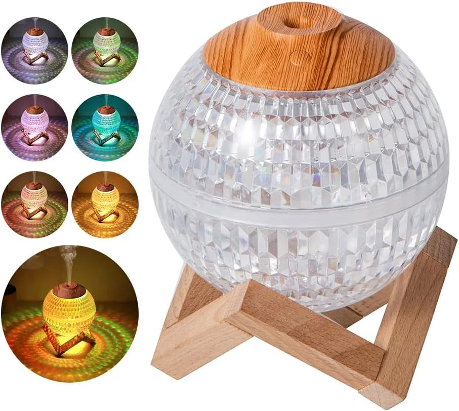 دستگاه بخور لایموس برای اتاق خواب، دارای چراغ خواب کوچک رنگارنگ LED RGB، دستگاه بخور توپ کریستالی با خاموشی خودکار 6 ساعته، 450 میلی لیتر، تغذیه از طریق USB Type-C، دستگاه بخور نانو بی صدا و قابل حمل با پایه برای اتاق خواب، اتاق کودک، دفتر کار