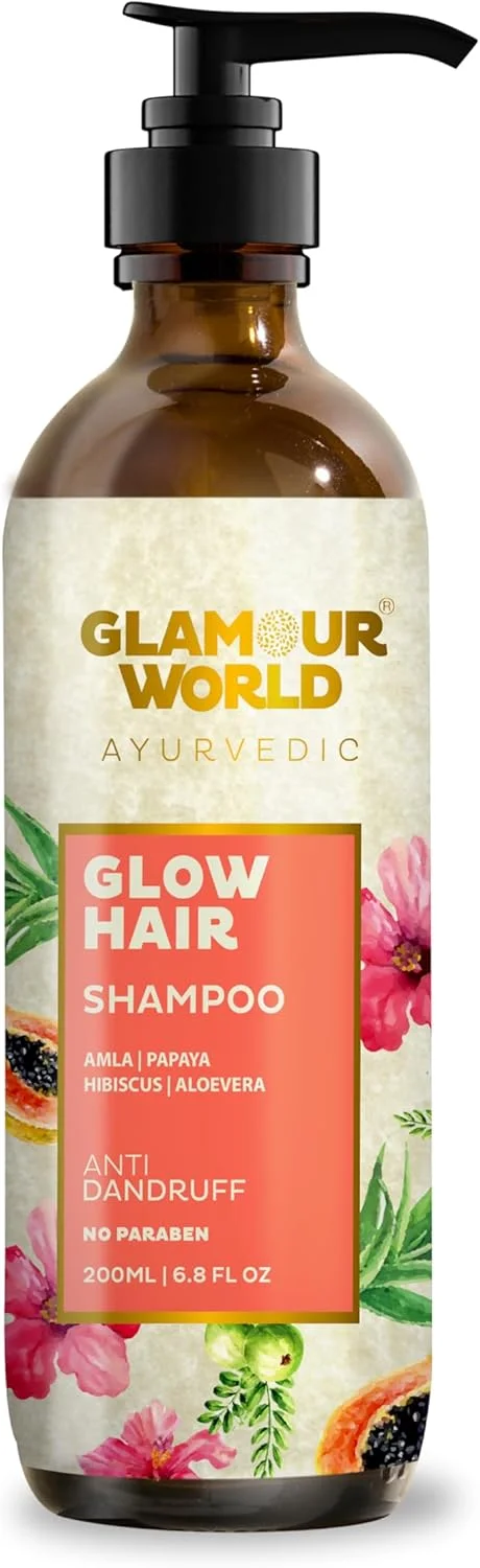 شامپو موی درخشان آیورودا Glamour World - ضد شوره | این پاک کننده ملایم مو برای مشکلات مربوط به پوست سر مانند پوست سر چرب، شوره سر، ریزش مو و غیره موثر است | غنی شده با ریتها | پاپایا |