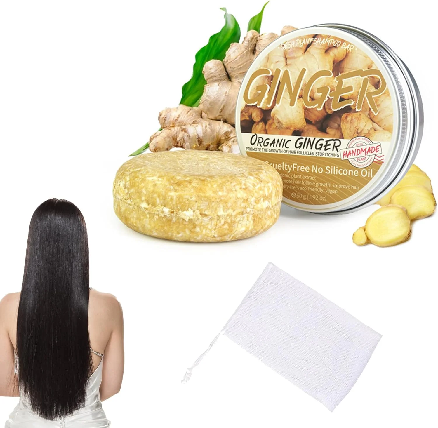 شامپو بار زنجبیلی - صابون شامپو زنجبیلی، صابون ضد ریزش مو و رشد مو، بار رشد مو، رشد مجدد مو با زنجبیل، شامپو جامد با تور صابون فوم