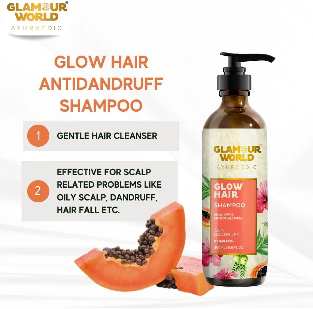 شامپو موی درخشان آیورودا Glamour World - ضد شوره | این پاک کننده ملایم مو برای مشکلات مربوط به پوست سر مانند پوست سر چرب، شوره سر، ریزش مو و غیره موثر است | غنی شده با ریتها | پاپایا |