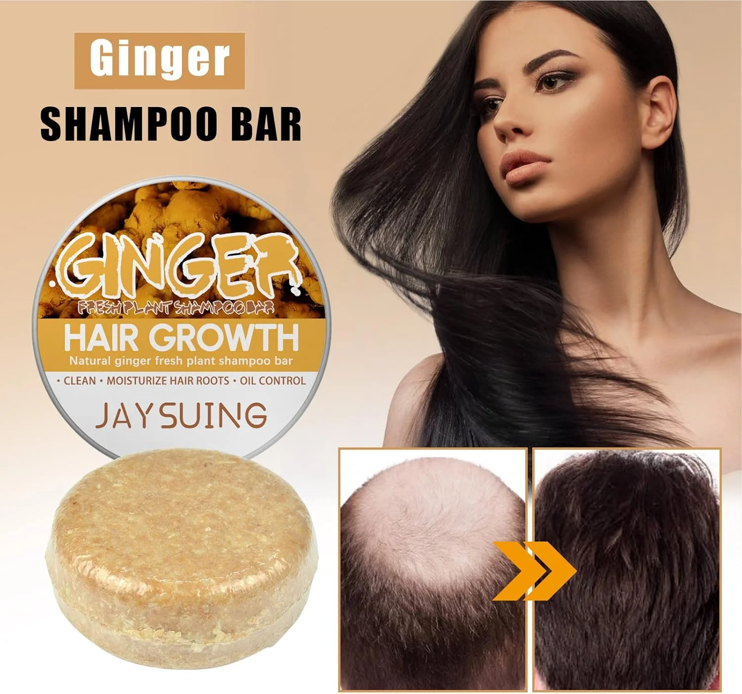 شامپو بار زنجبیلی - رشد سریع طبیعی ضد ریزش مو - ضد ریزش مو، کاهش ریزش مو، ترمیم موهای آسیب دیده برای آقایان و بانوان