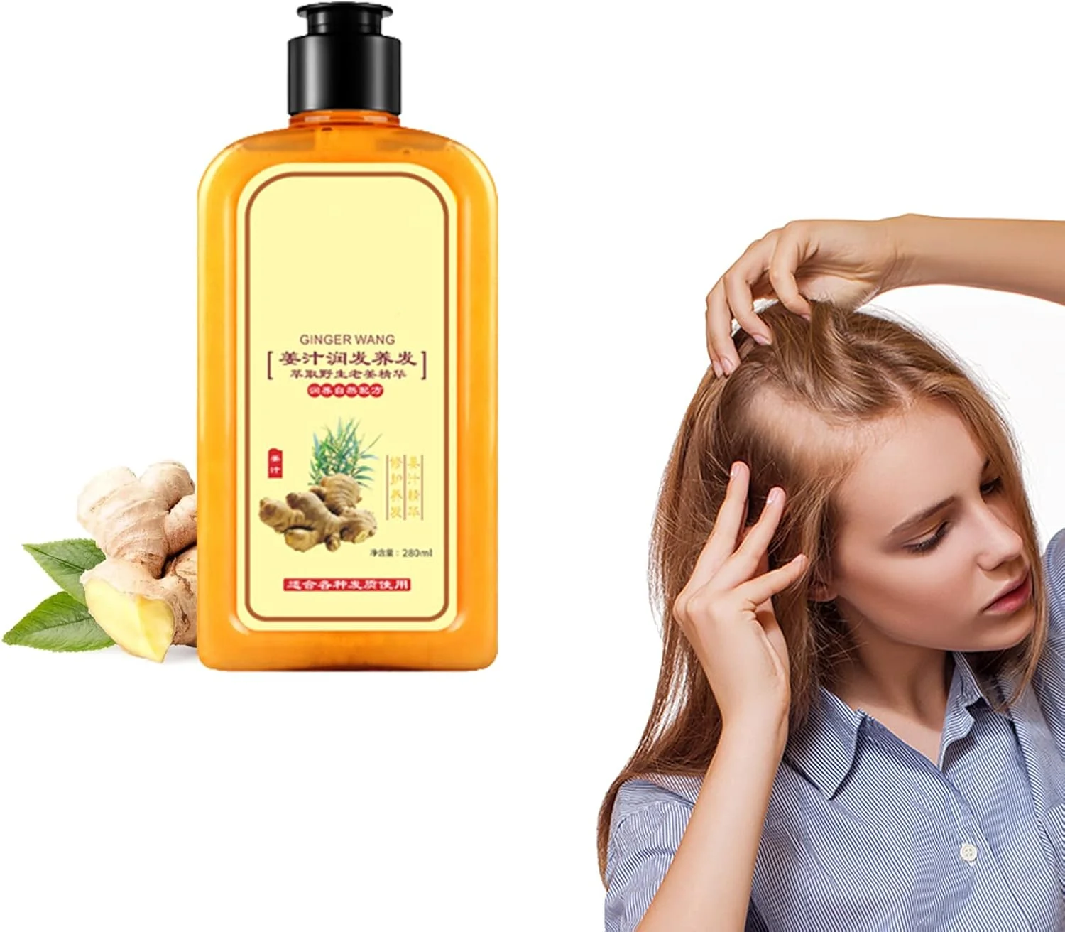 شامپو زنجبیل فوری Ginaday برای رشد مجدد مو، شامپو زنجبیل برای رشد مو، شامپو و نرم کننده ضد ریزش مو (280 میلی لیتر، شامپو)