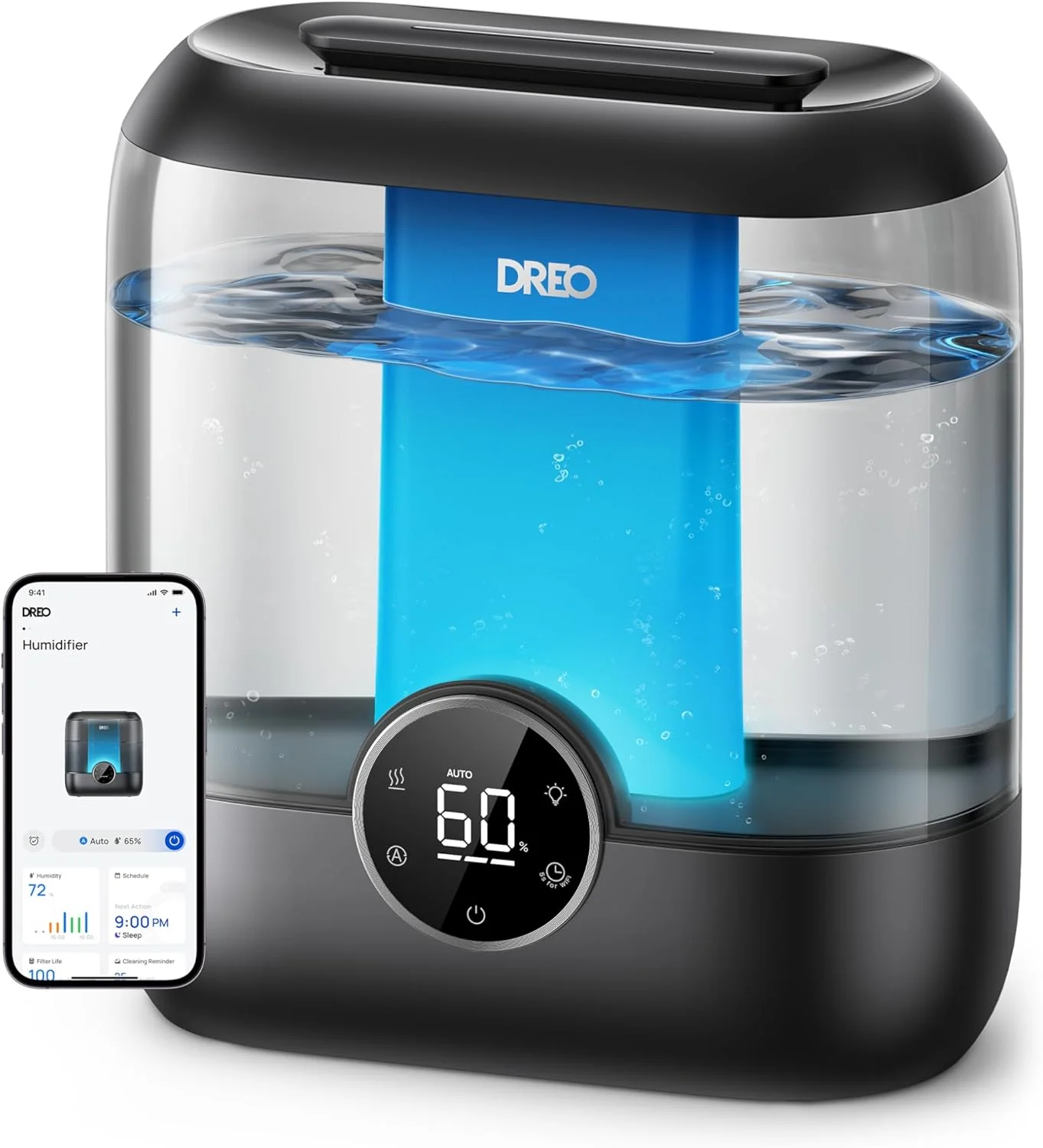 دستگاه بخور هوشمند Dreo برای اتاق خواب، دستگاه بخور سرد 6 لیتری با قابلیت پر کردن از بالا، مناسب برای اتاق های بزرگ، با زمان کارکرد 60 ساعته، دستگاه بخور اولتراسونیک بی صدا برای گیاهان، نوزاد، داخل خانه، نور شب، مشکی