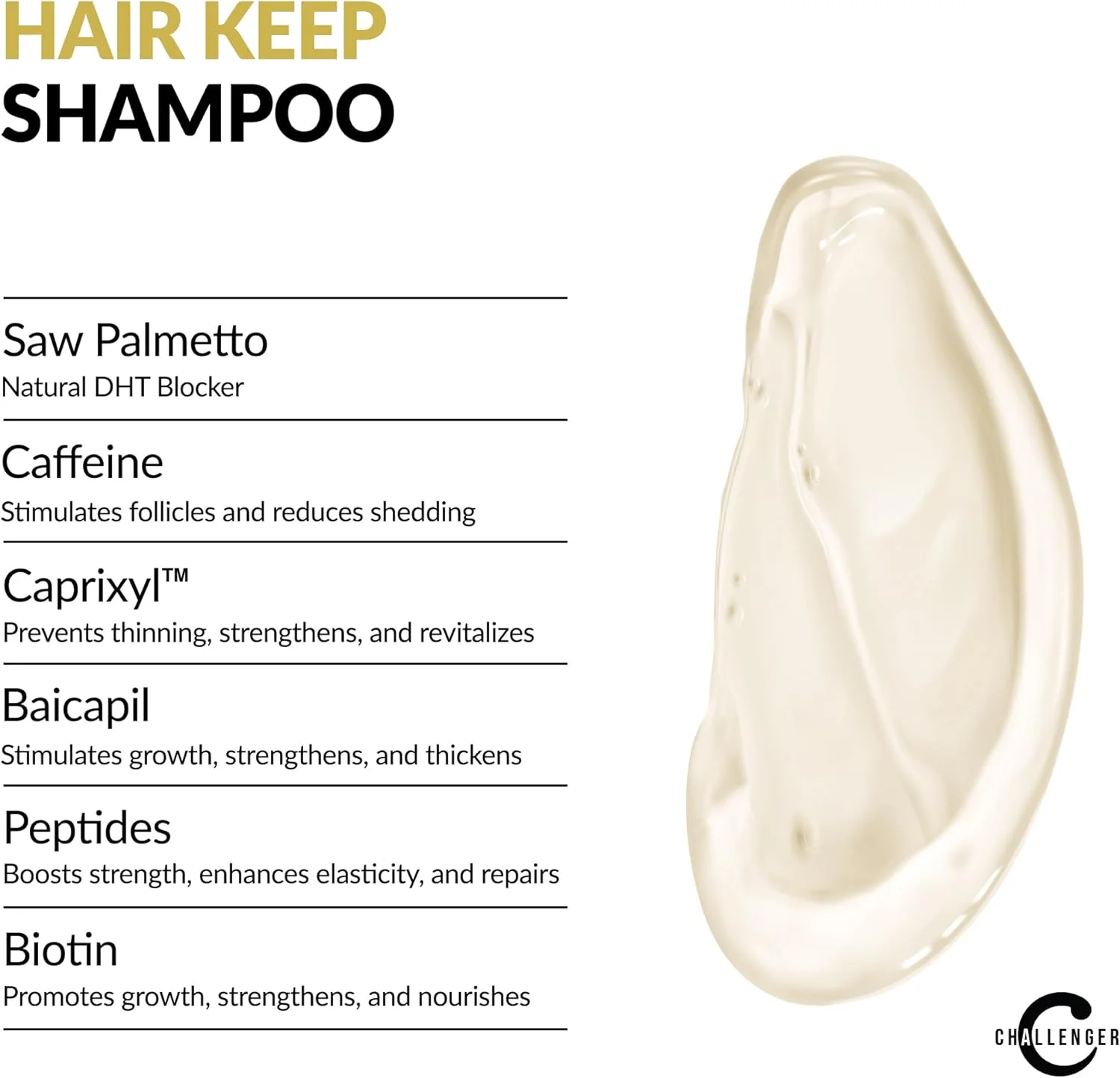 شامپو چلنجر (شامپو نگهدارنده مو) - شامپو 300 میلی لیتری جدید ضد ریزش مو - حاوی بایکاپیل، کاپیکسیل، هیر اسپا، کافئین، بیوتین، اسید هیالورونیک، تری پپتید مس 1، سائو پالمتو و موارد دیگر
