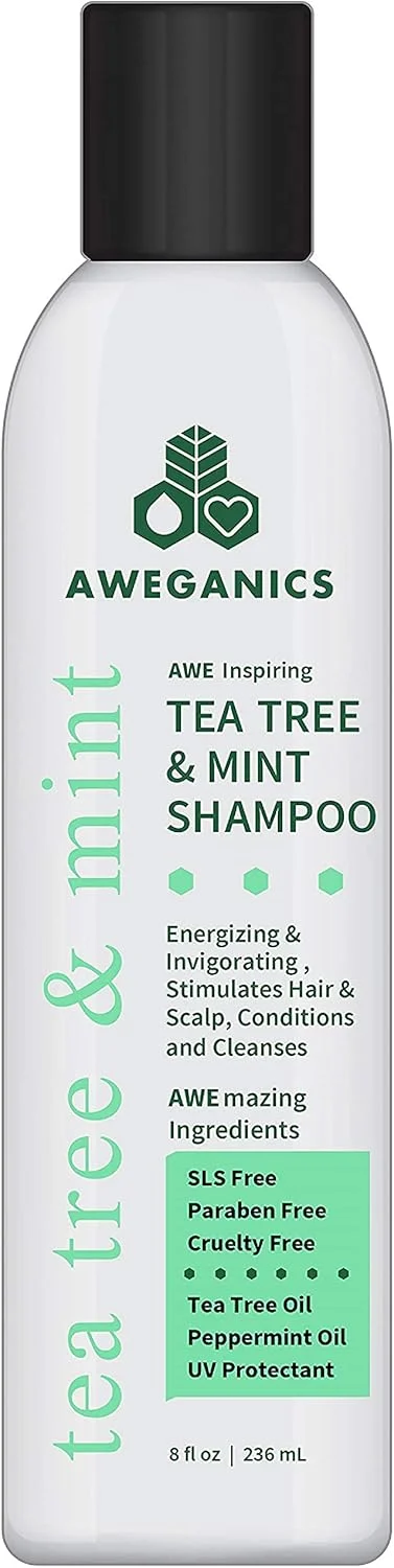 شامپو درخت چای و نعناع Aweganics - شامپوهای نعناع نیروبخش آروماتراپی طبیعی الهام بخش - خنک کننده، پاک کننده، مرطوب کننده - بدون الکل، بدون پارابن، بدون تست حیوانی، محافظ UV