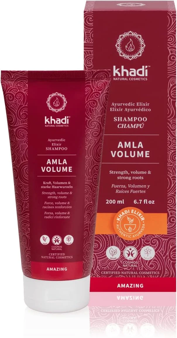 شامپو حجم دهنده آمله Khadi، شامپو آیورودا، 100% طبیعی، بدون سیلیکون و سولفات، تقویت کننده رشد مو، درخشش و حجم، جلوگیری از ریزش مو و سفیدی مو، مراقبت از موی وگان، زیبایی ارگانیک 200 میلی لیتر